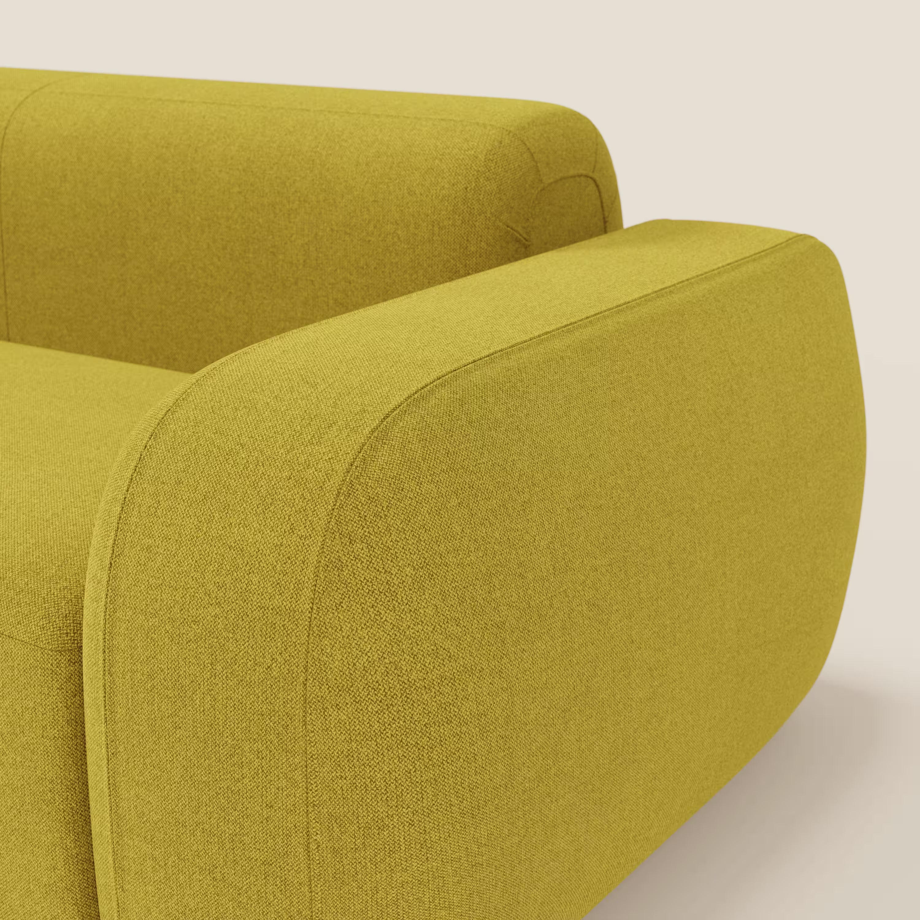 Primo piano del BonBon Divano modulare Lineare 220 di Divani.Store, caratterizzato da una seduta singola in tessuto antimacchia T23 giallo sole, con bordi arrotondati e design minimalista, su sfondo bianco sporco.