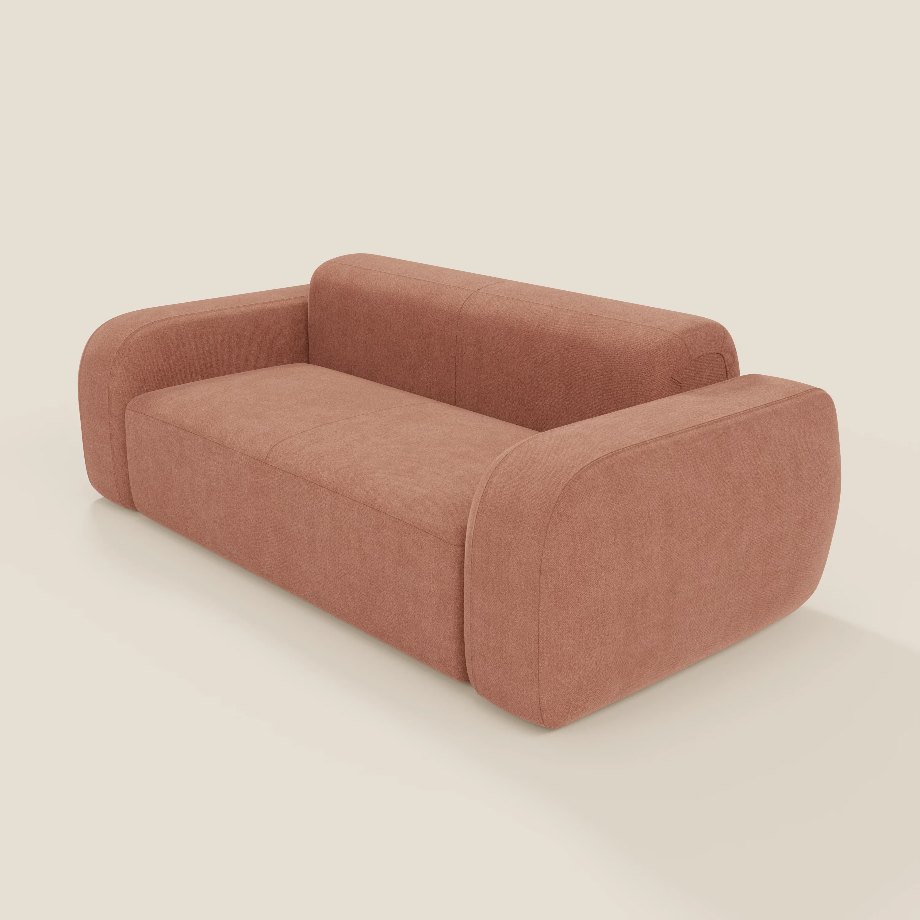 Il BonBon Divano modulare Lineare 220 di Divani.Store è un divano senza braccioli e salvaspazio in tessuto T23 pesca, facile da pulire, caratterizzato da un ampio schienale curvo e linee morbide per un look moderno e minimalista su uno sfondo crema.