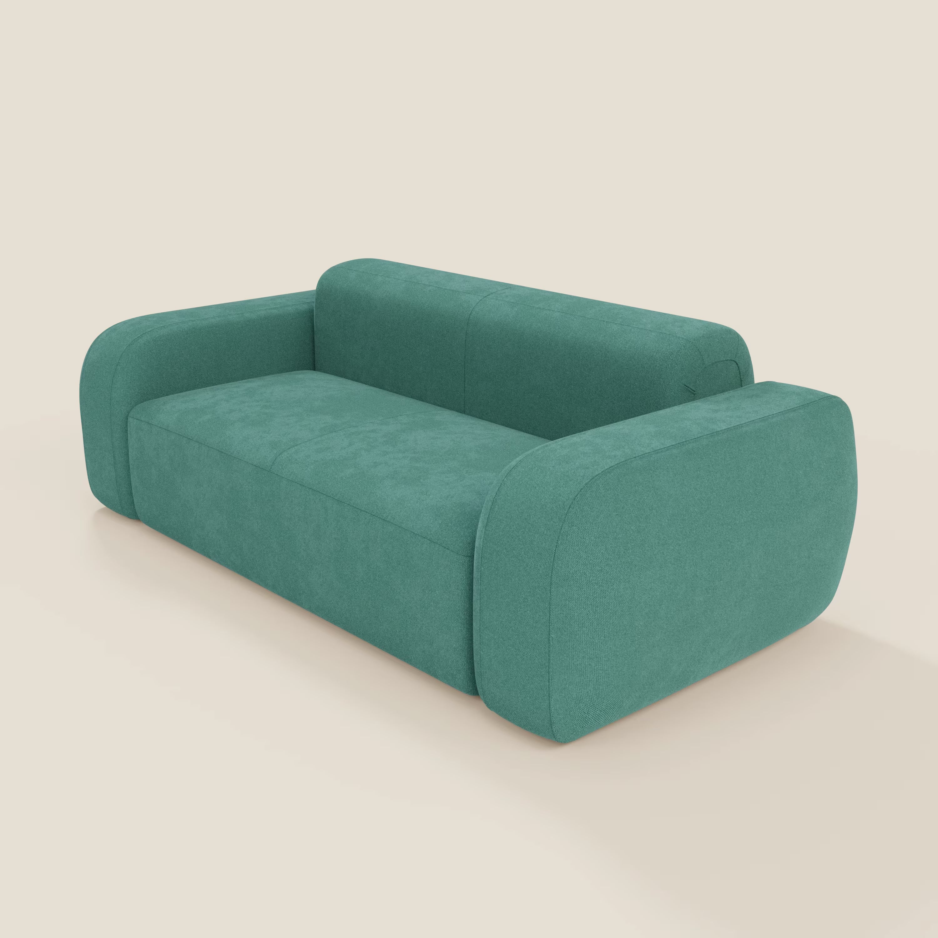 Il BonBon Divano modulare Lineare 220 di Divani.Store è un divano contemporaneo di colore verde acqua con braccioli spessi e arrotondati e schienale in tessuto antimacchia T23 verde acqua. Il suo design pulito e senza gambe aggiunge un fascino minimalista a qualsiasi spazio moderno.