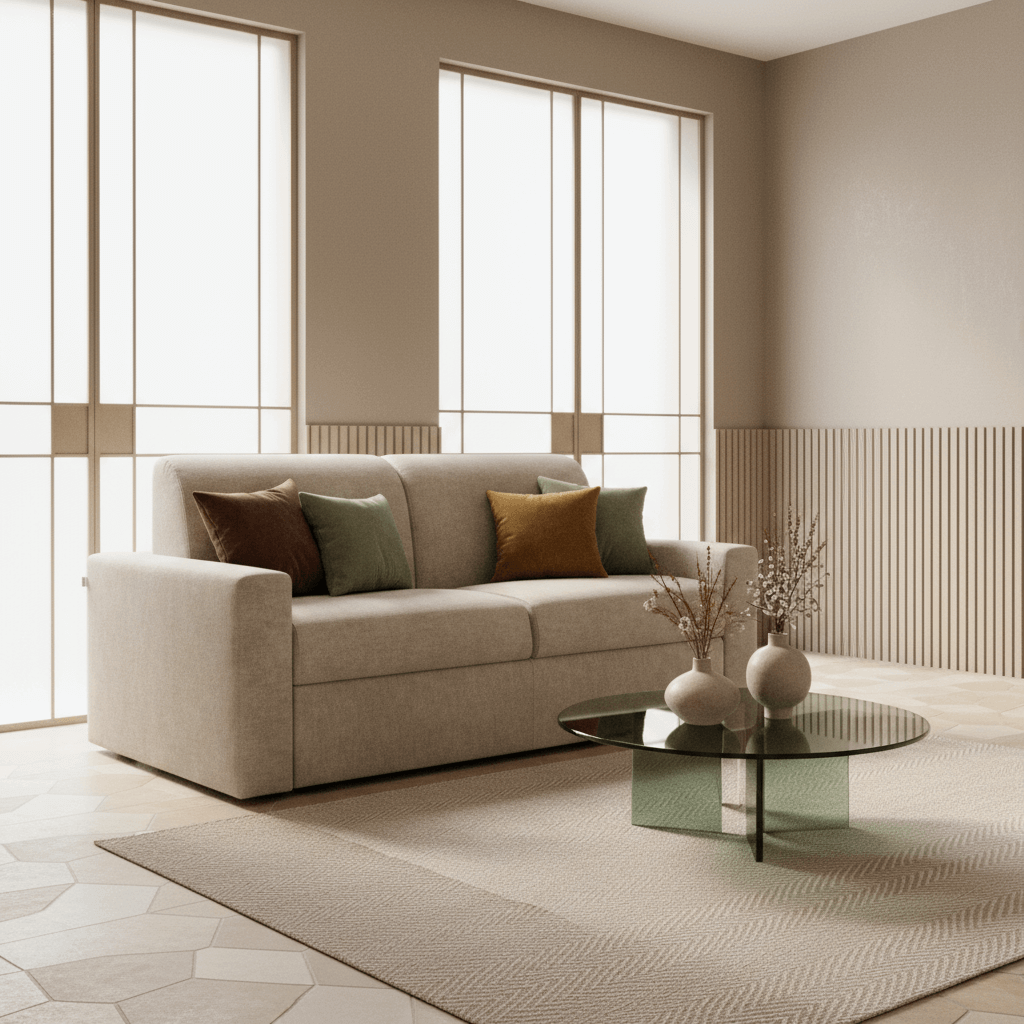 Un soggiorno moderno con il divano letto matrimoniale Diomede in velluto T35 beige di Divani.Store, cuscini verdi e marroni, un tavolino rotondo in vetro con vasi, un tappeto chiaro e grandi finestre che illuminano lo spazio minimalista.