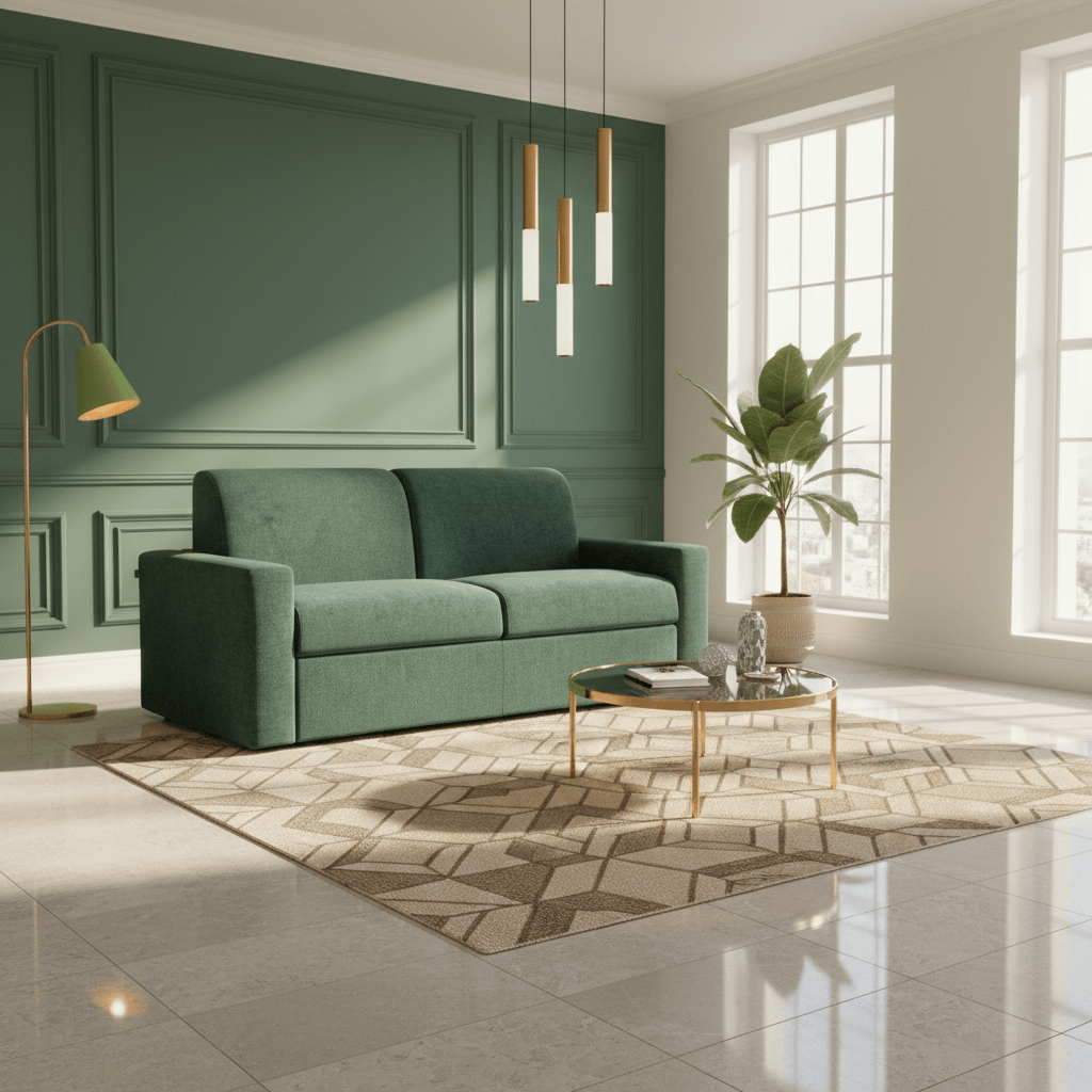 Un soggiorno moderno con il letto matrimoniale Diomede Divano in velluto easy clean sfoderabile T35 verde di Divani.Store, un tappeto geometrico beige, un tavolino in vetro dorato, una pianta in vaso, una lampada da terra verde, luci a sospensione e un pavimento in marmo.