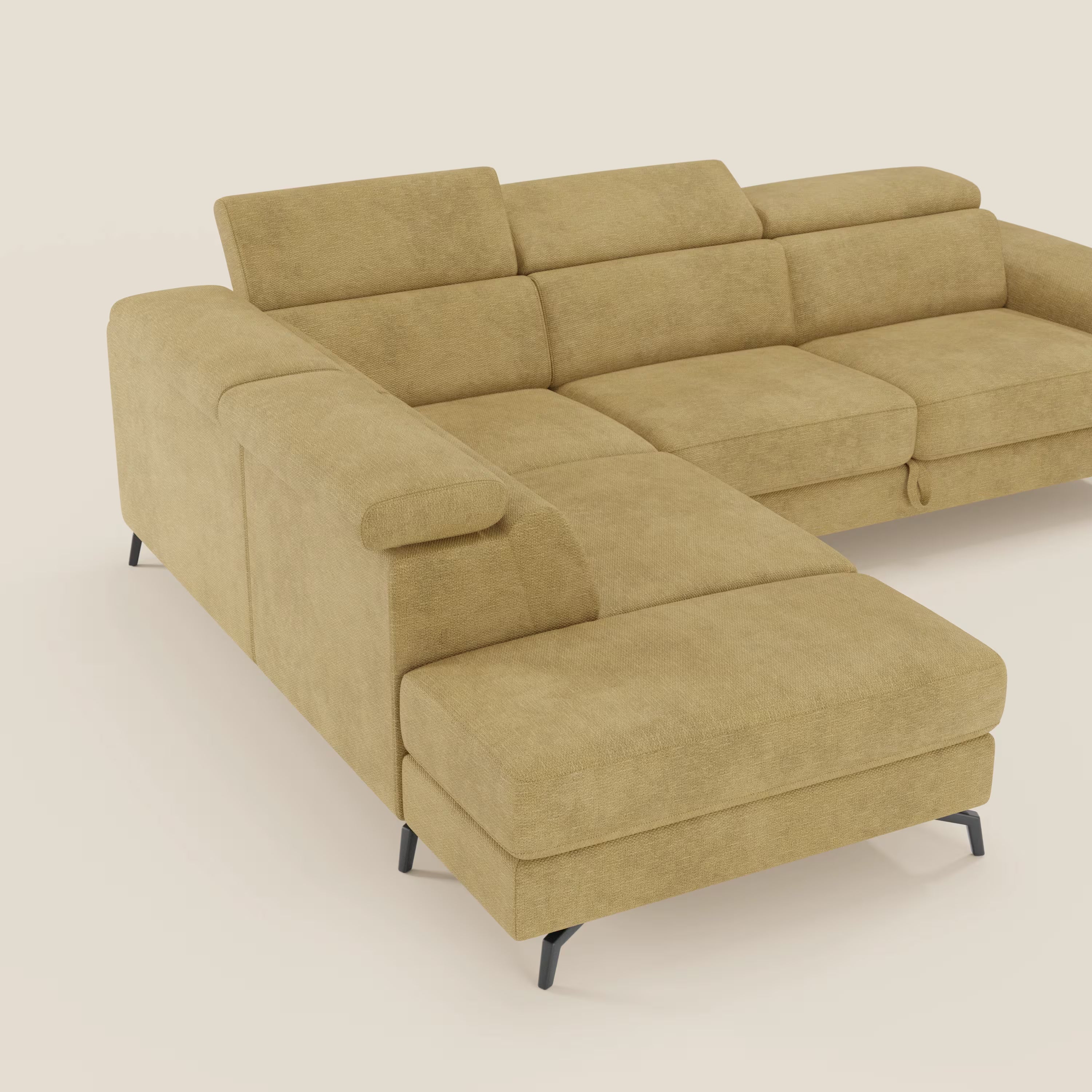 Il divano angolare estraibile Estro Divano di Divani.Store è caratterizzato da poggiatesta reclinabili, ampi braccioli e imbottitura in tessuto T14 giallo impermeabile, su sottili gambe in metallo nero per un look moderno.