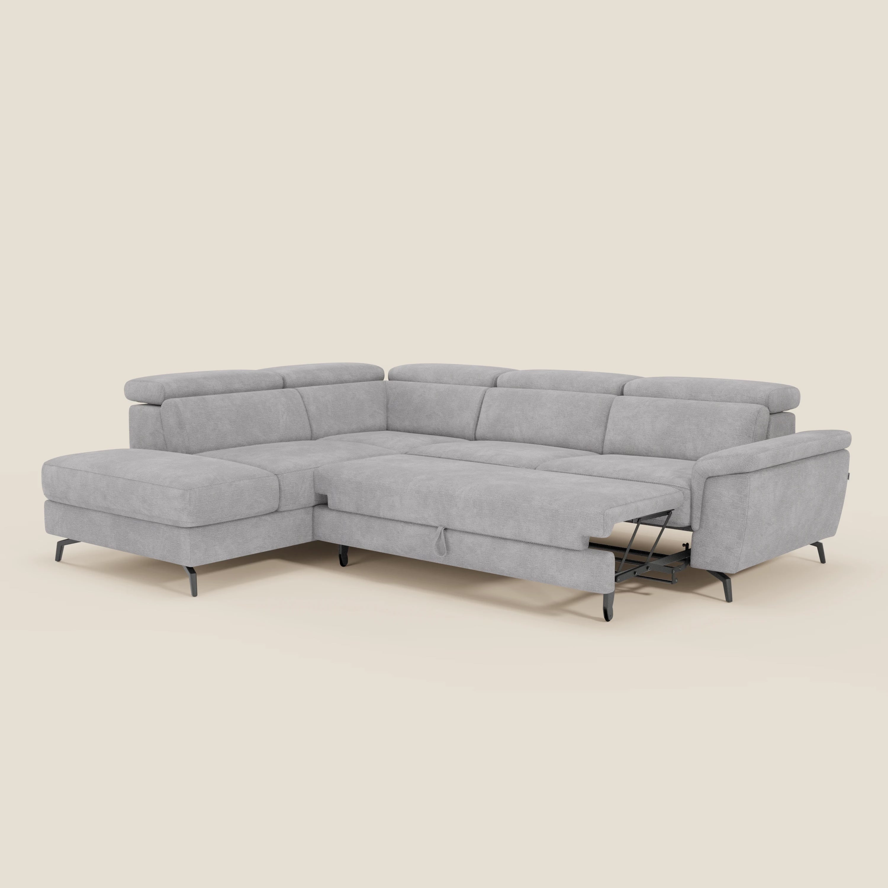 Estro Divano angolare estraibile - poggiatesta reclinabili in tessuto impermeabile T14 grigio chiaro - divani.store