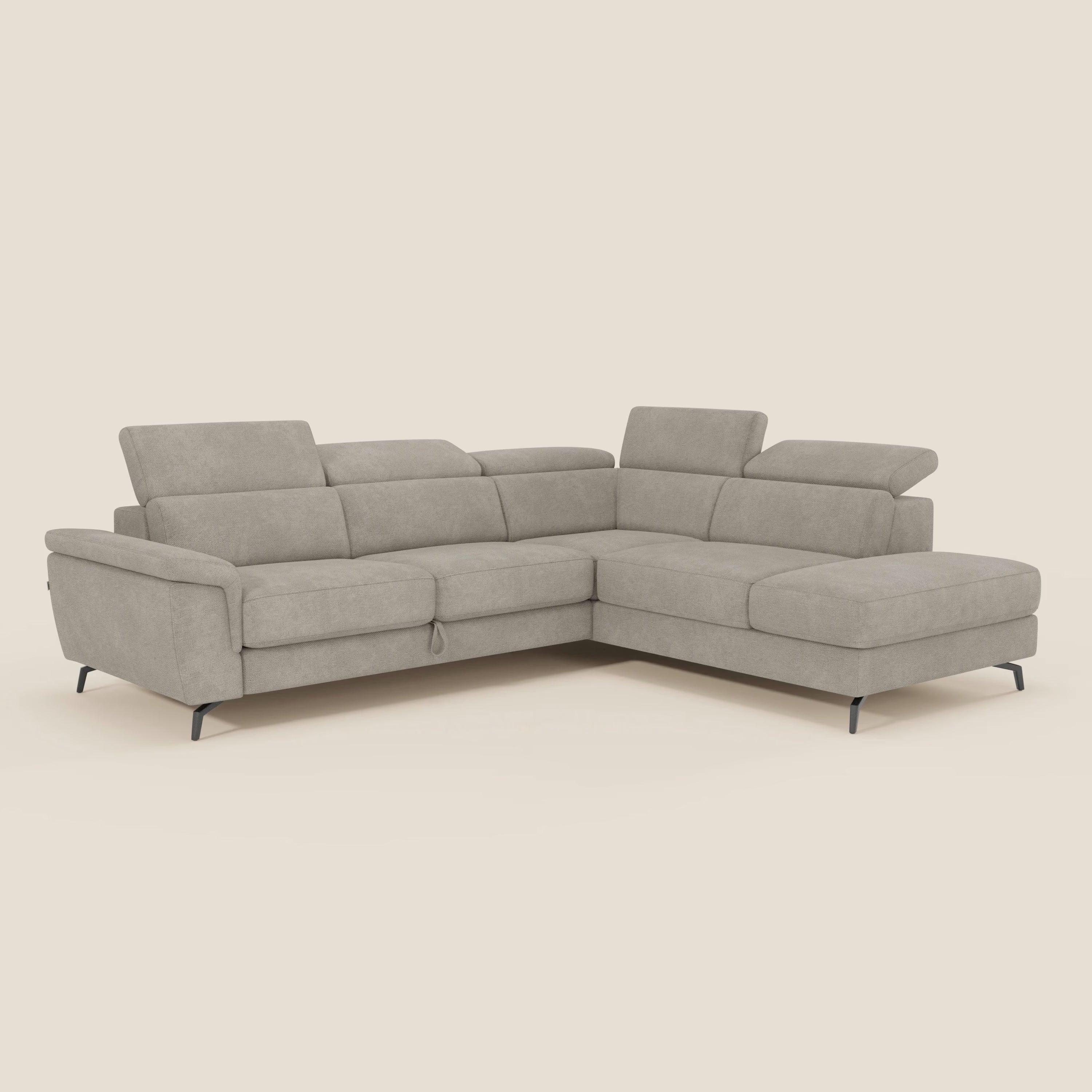 Estro Ecksofa mit Ausziehfunktion – verstellbare Kopfstützen aus wasserfestem Stoff T14 graubeige