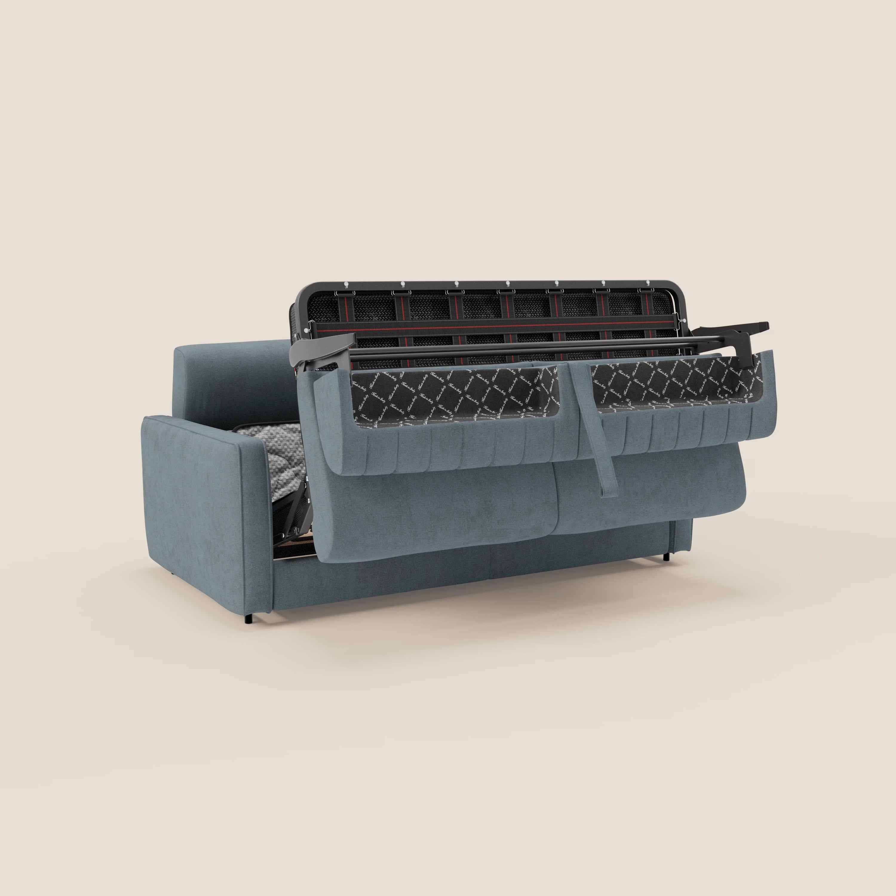 Sperimentate il comfort con il Nivon Divano letto moderno di Divani.Store, dotato di materasso H16 cm, poggiatesta regolabile e tessuto impermeabile T25 carta da zucchero, che si trasforma elegantemente da divano a letto.