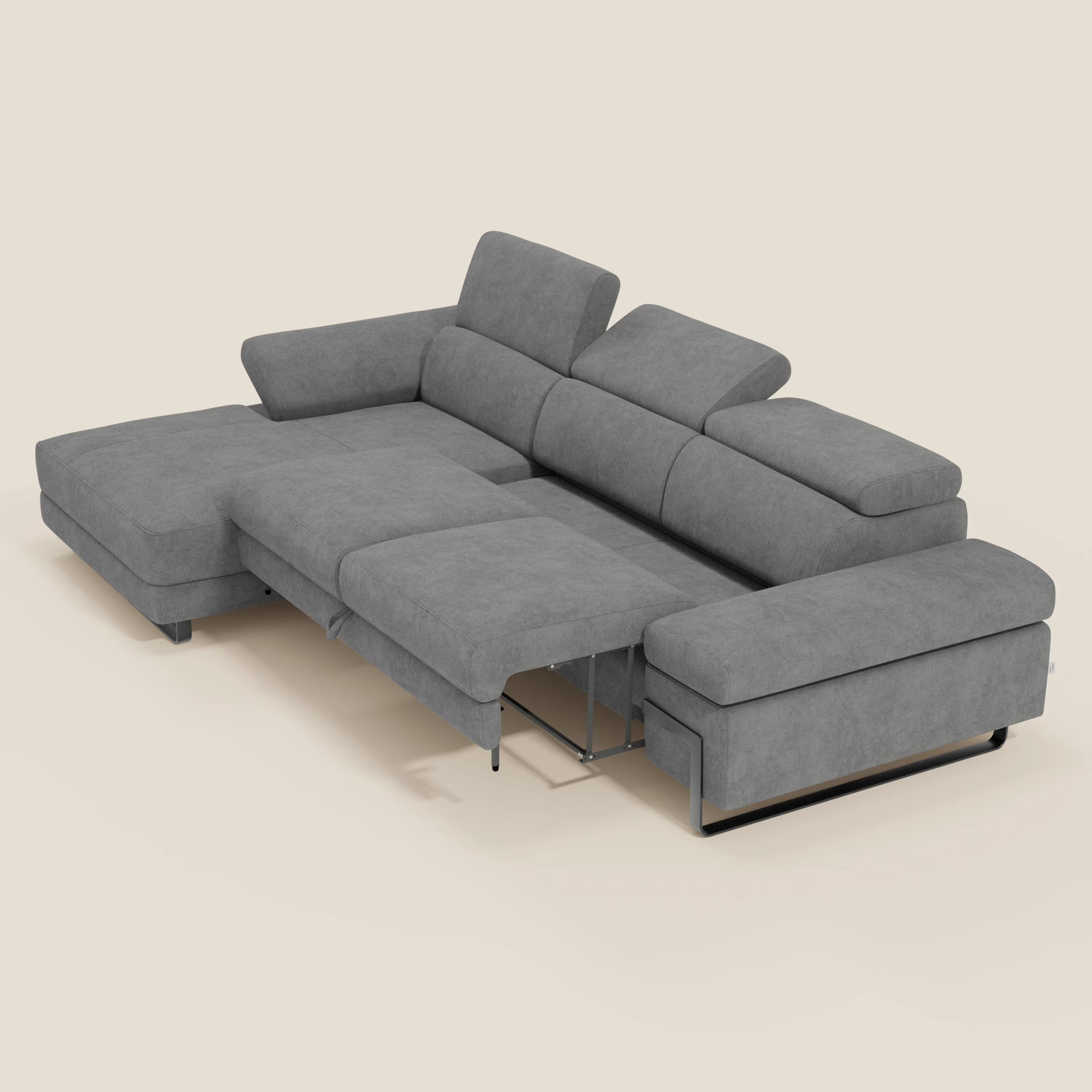 Zayana Ecksofa mit Ausziehfunktion – verstellbare Armlehnen und Kopfstützen aus wasserfestem Stoff T02 grau