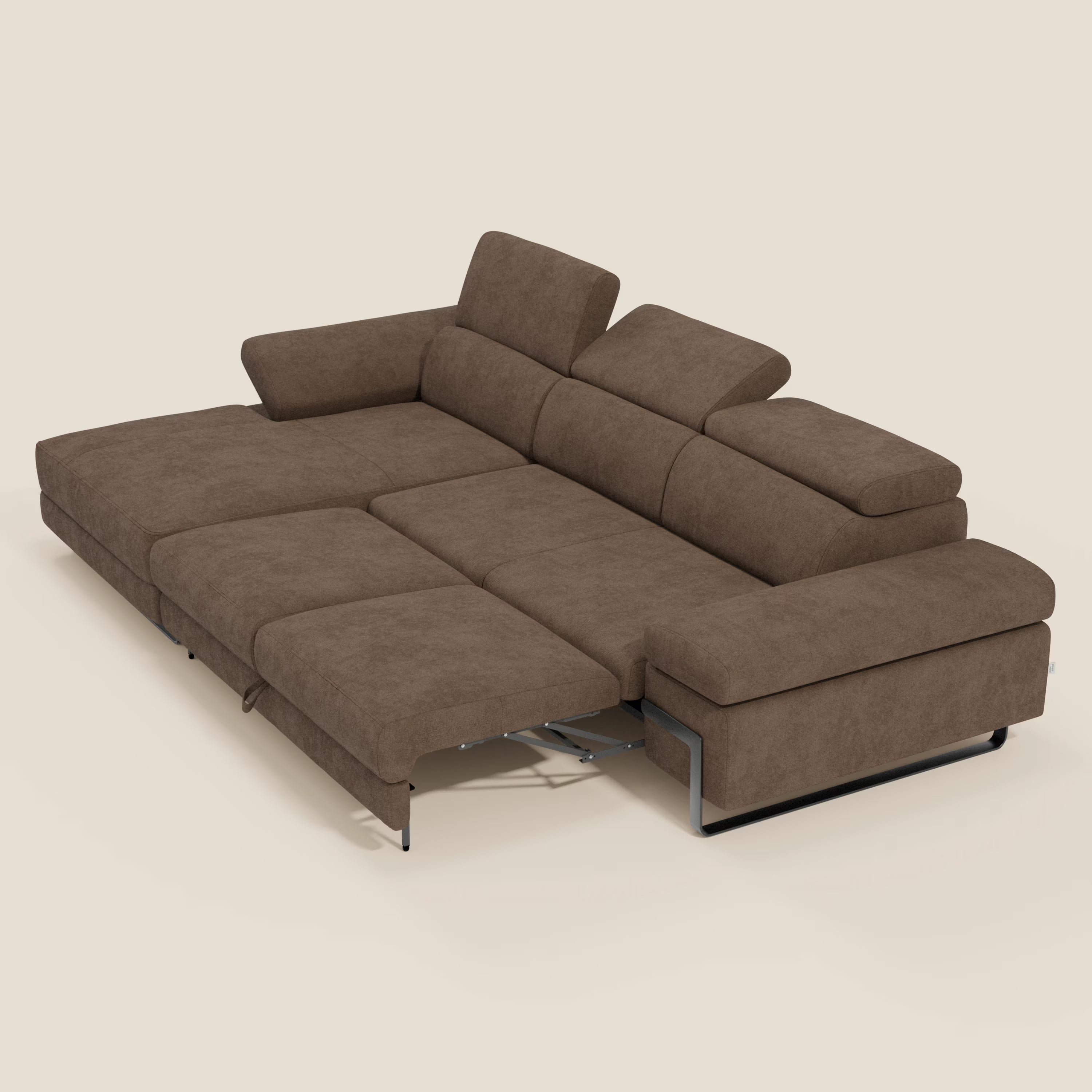 Zayana Ecksofa mit Ausziehfunktion – verstellbare Armlehnen und Kopfstützen aus wasserfestem Stoff T02 braun