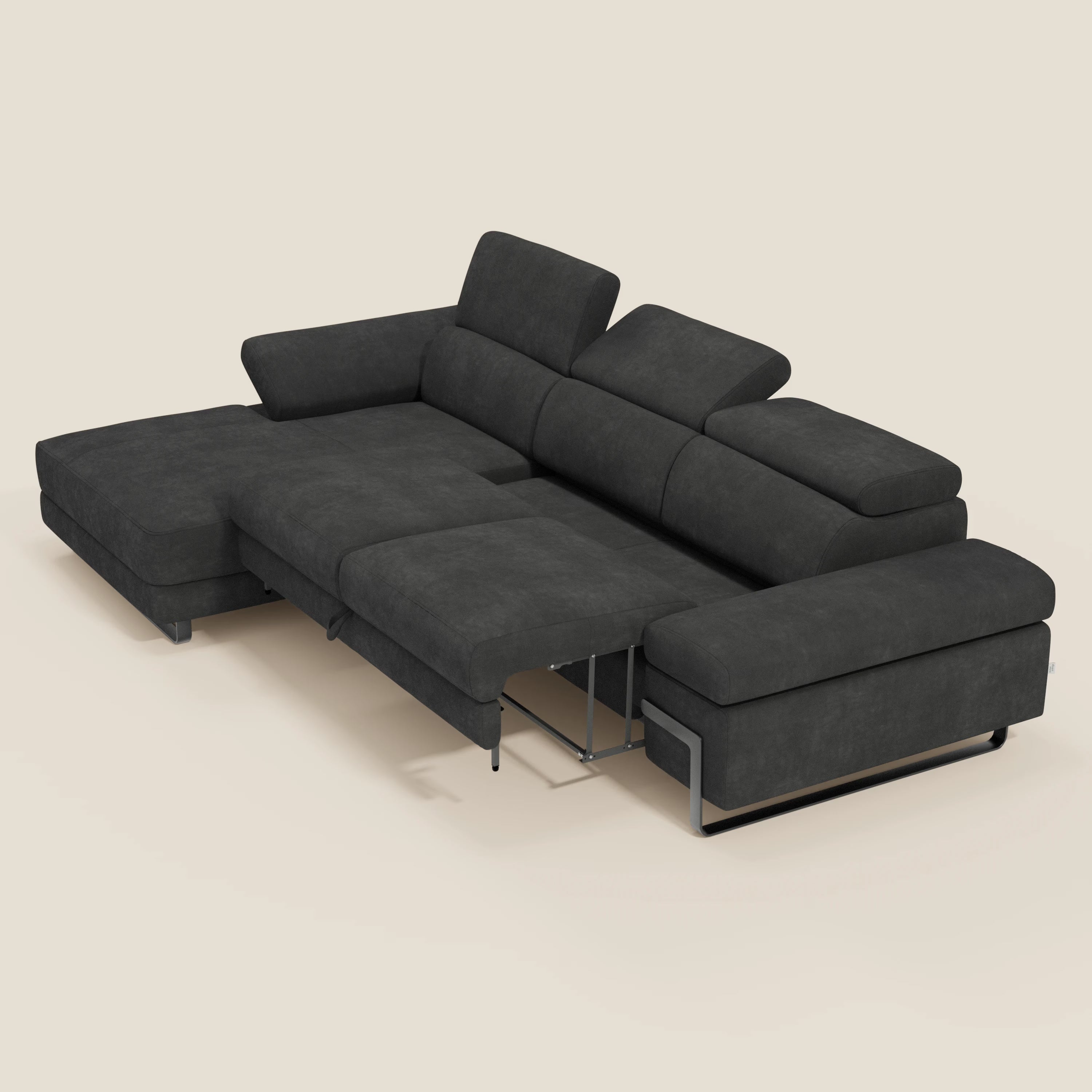 Zayana Ecksofa mit Ausziehfunktion – verstellbare Armlehnen und Kopfstützen aus wasserfestem Stoff T02 schwarz