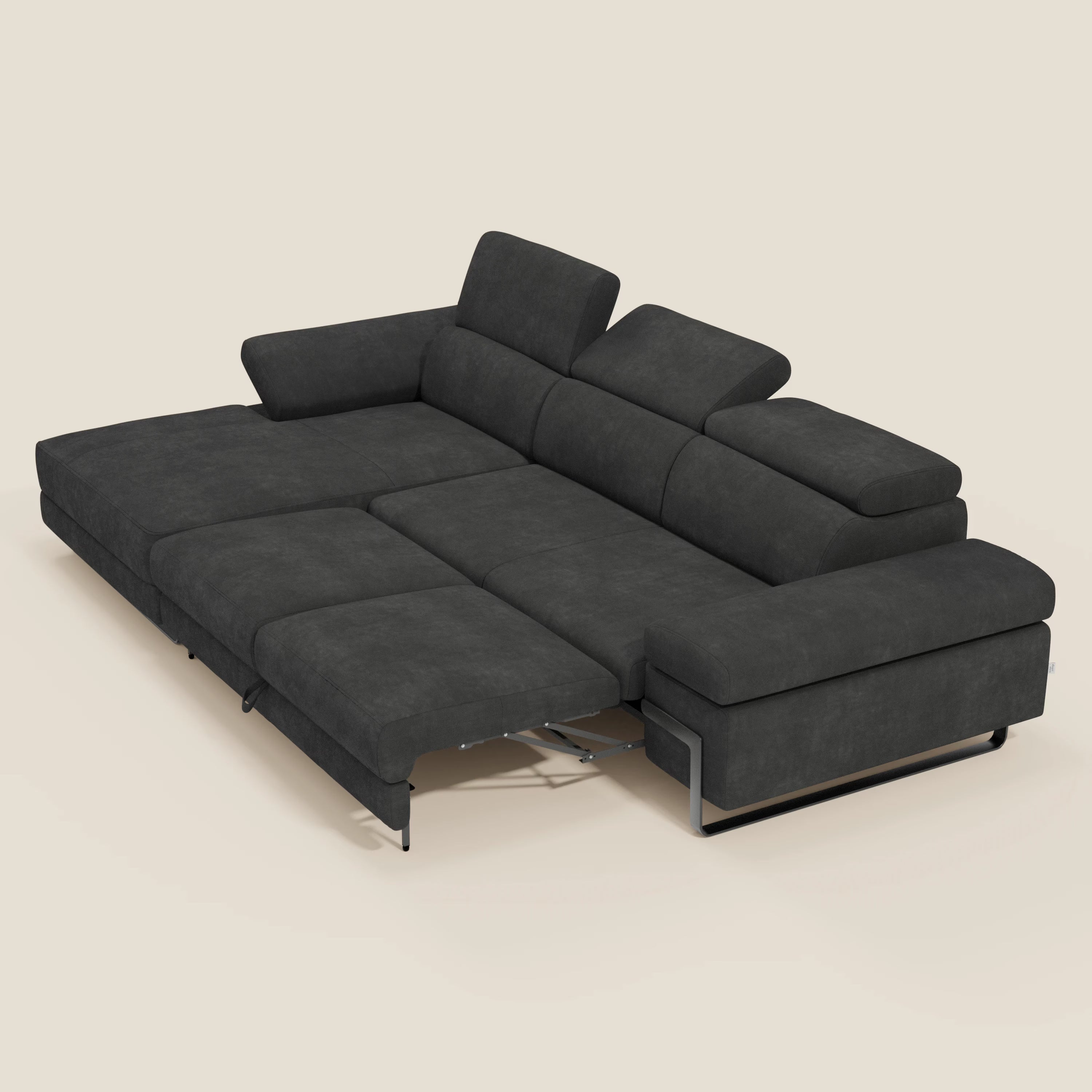 Zayana Ecksofa mit Ausziehfunktion – verstellbare Armlehnen und Kopfstützen aus wasserfestem Stoff T02 schwarz