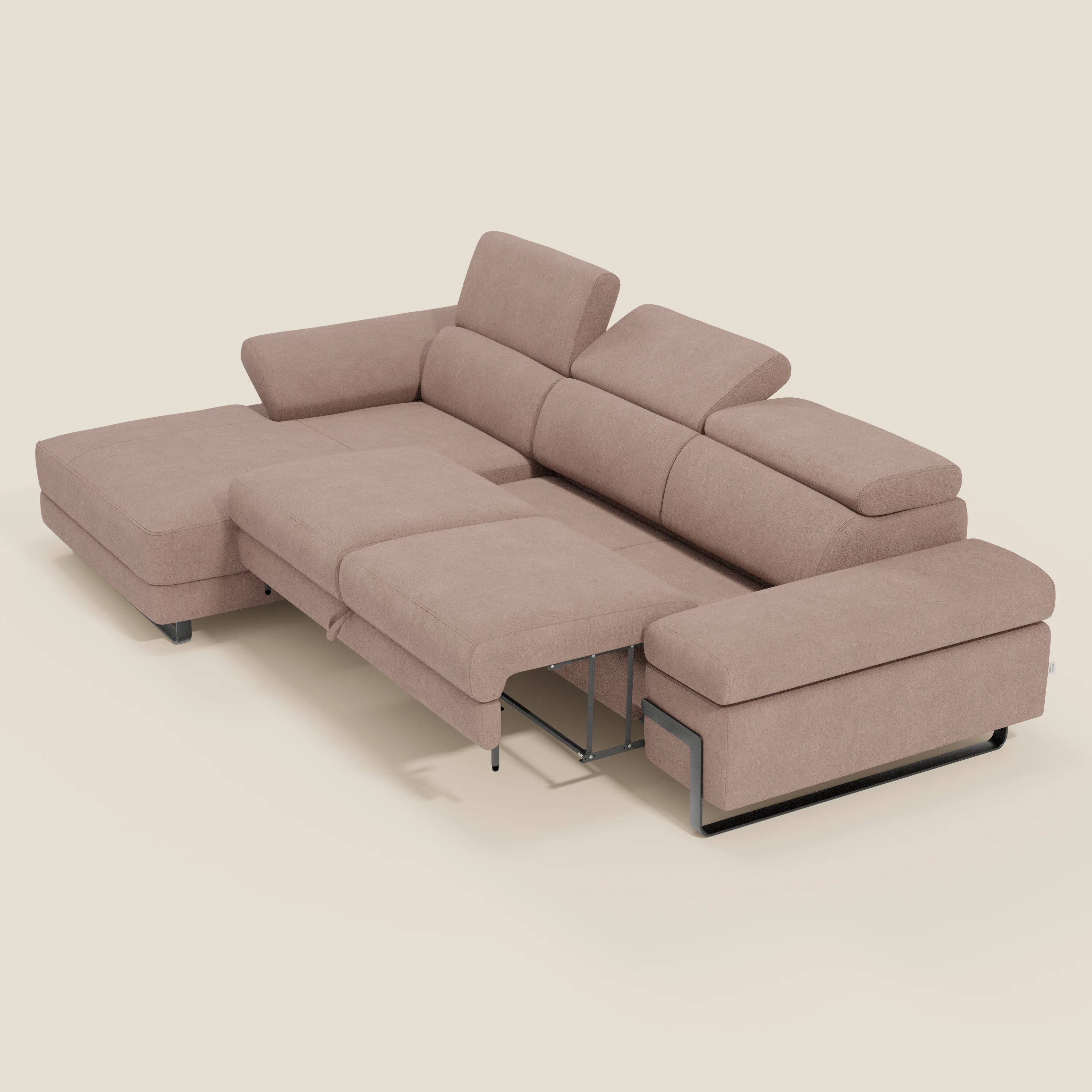 Zayana Ecksofa mit Ausziehfunktion – verstellbare Armlehnen und Kopfstützen aus wasserfestem Stoff T02 rosa