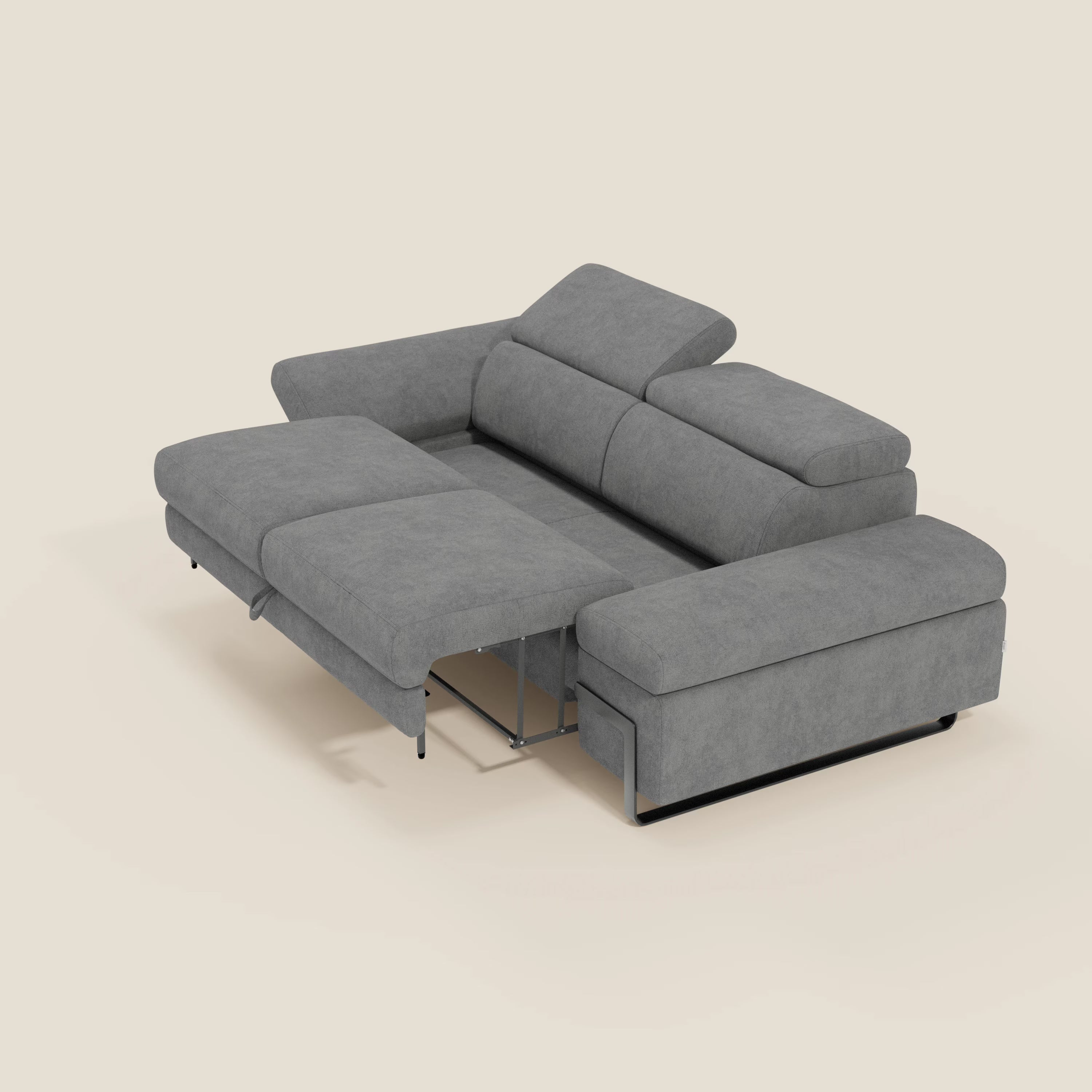 Zayana 3-Sitzer-Sofa mit ausziehbarem Element – verstellbare Armlehnen und Kopfstützen aus wasserfestem Stoff T02 grau