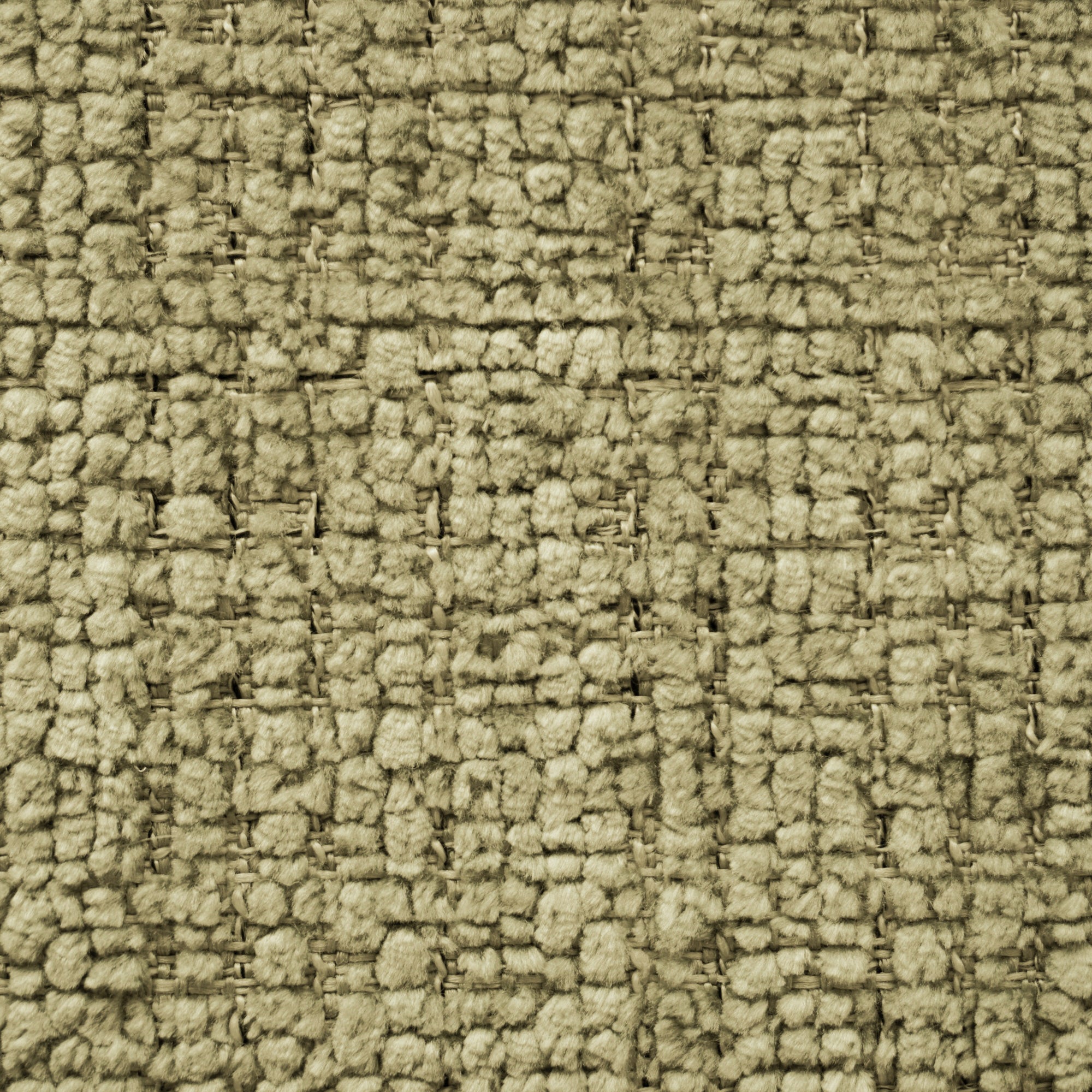 Primo piano di T28 River Eleganza di Divani.Store: un tessuto bouclé marrone chiaro con trama a griglia. I fili spessi conferiscono un aspetto ammortizzato, mentre la protezione superficiale smacchiabile lo mantiene morbido e strutturato a ogni incrocio.