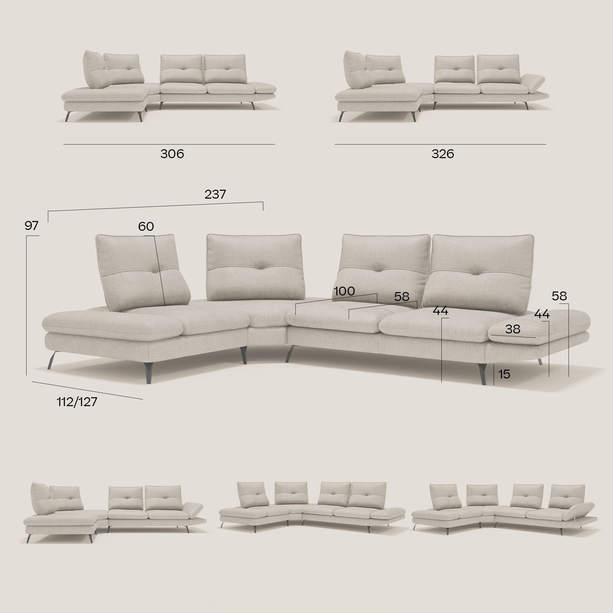Ardex Ecksofa – verschiebbare Rückenlehnen und verstellbare Armlehnen aus elegantem, wasserfestem Stoff T06 koralle