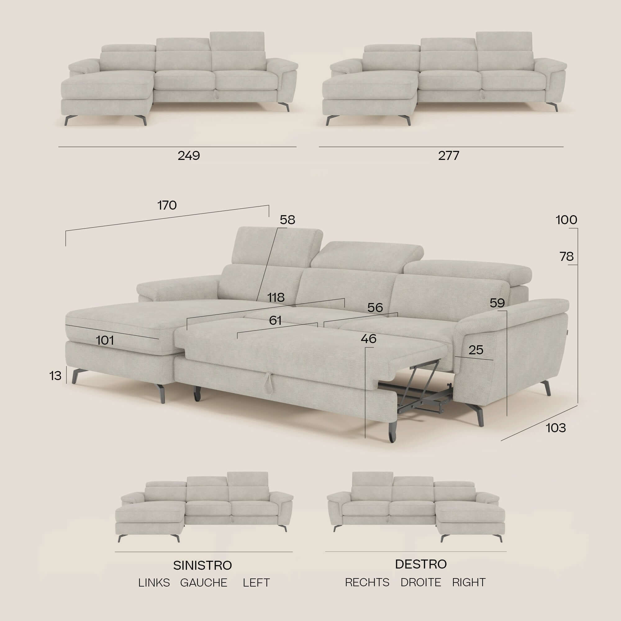 Estro Ausziehbares Sofa mit Chaiselongue und verstellbaren Kopfstützen aus wasserfestem Stoff T14 braun