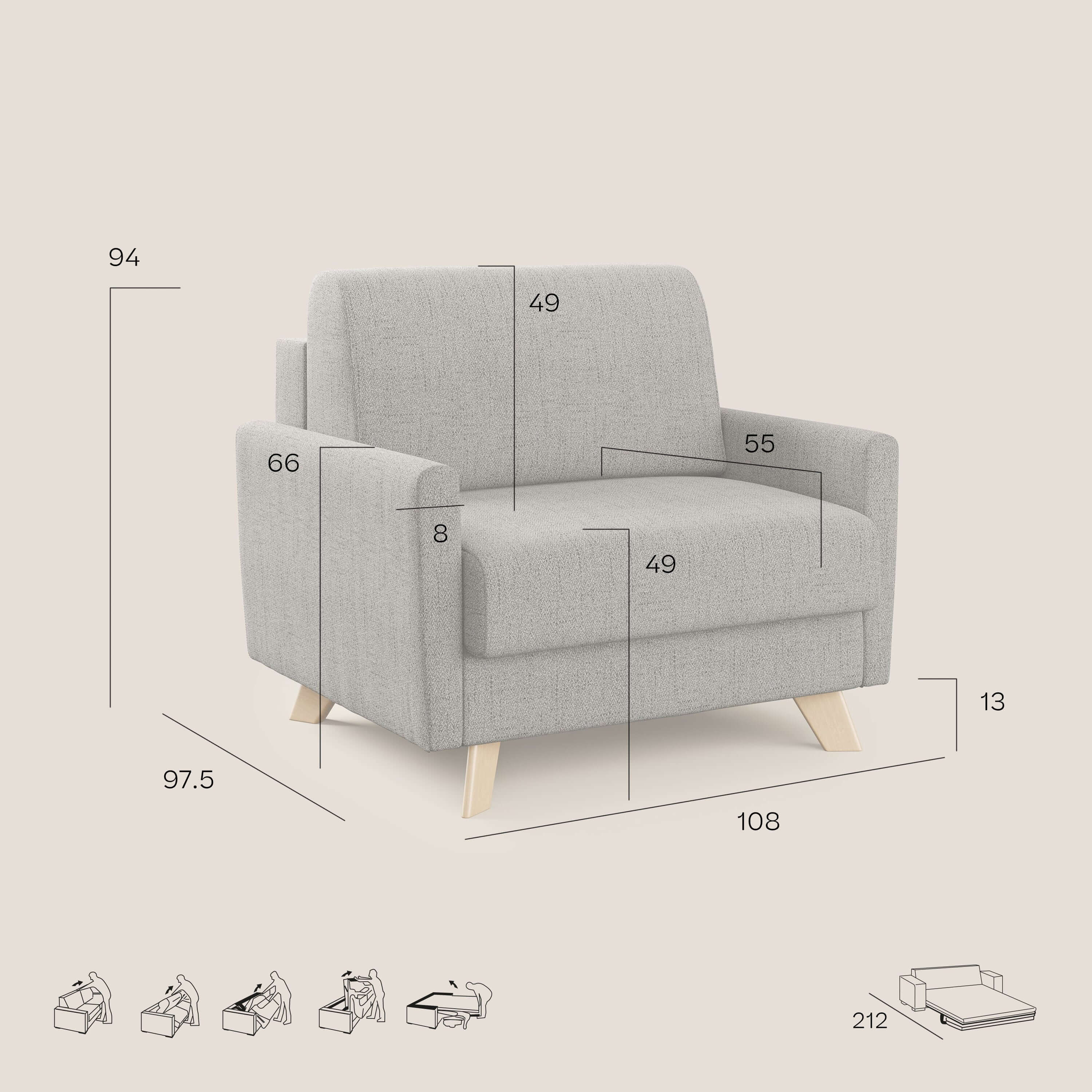 Edgar poltrona letto in tessuto felis impermeabile T03 beige - divani.store