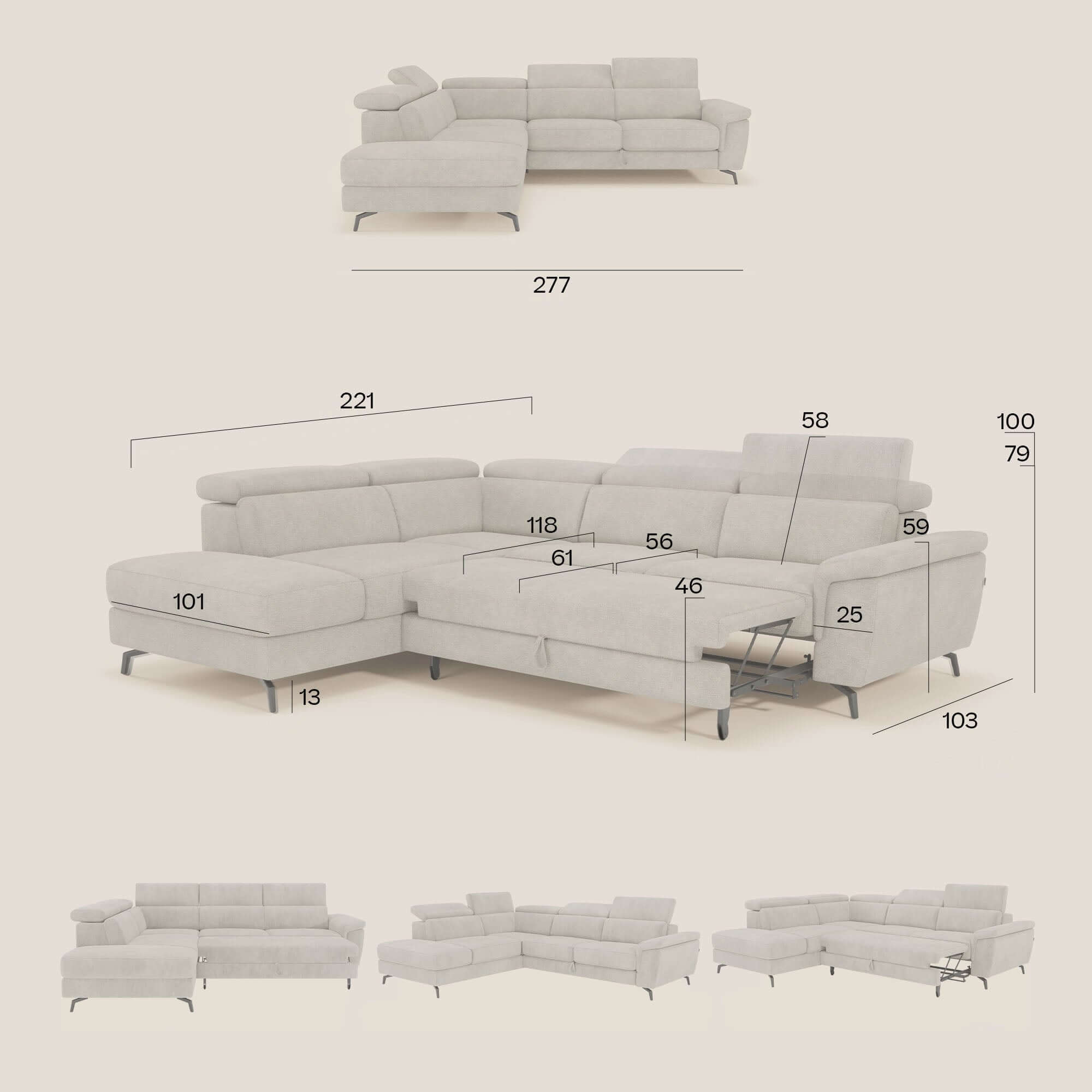 Estro Ecksofa mit Ausziehfunktion – verstellbare Kopfstützen aus wasserfestem Stoff T14 graubeige