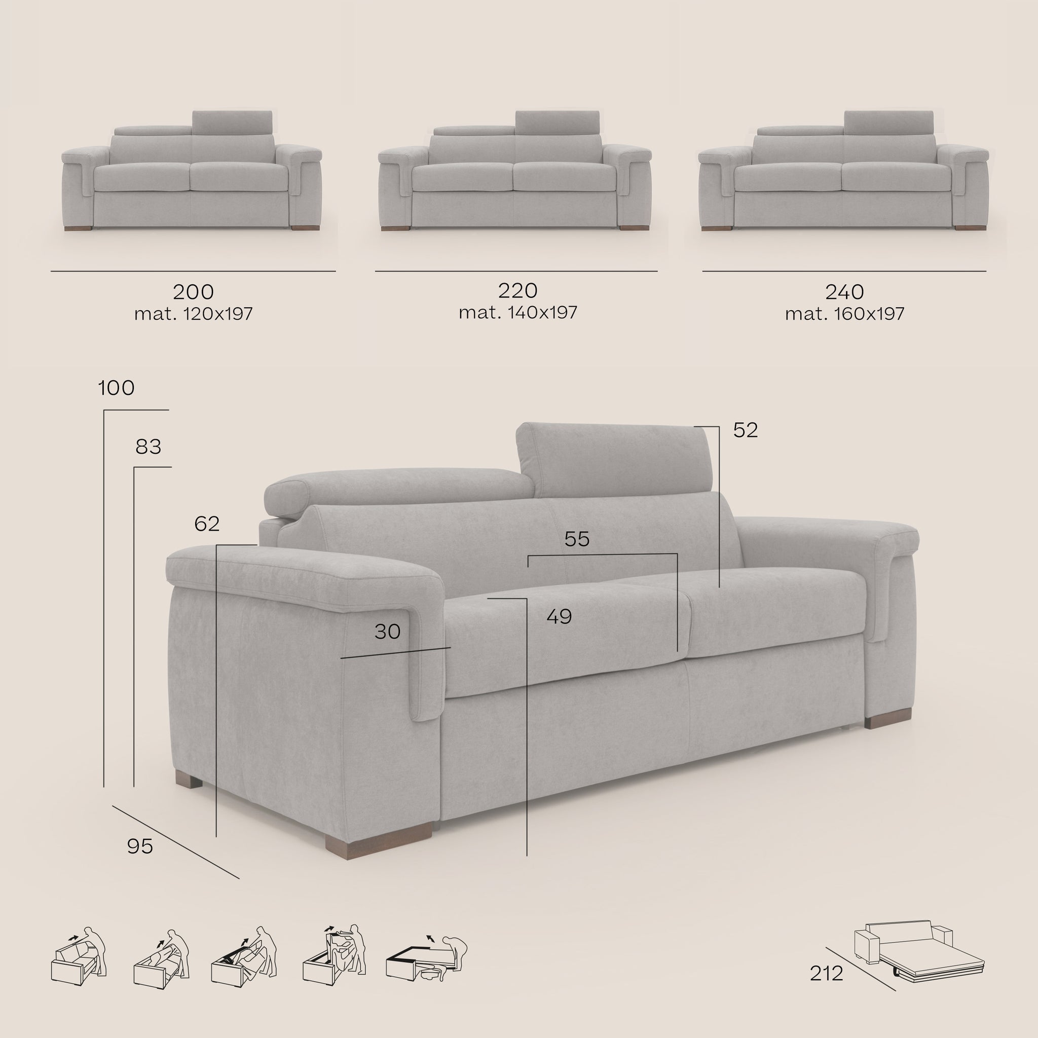 Giunone Schlafsofa 220 cm (mat. 140x197 cm) mit 18 cm hoher Matratze und verstellbaren Kopfstützen aus wasserfestem Stoff T19 CREME