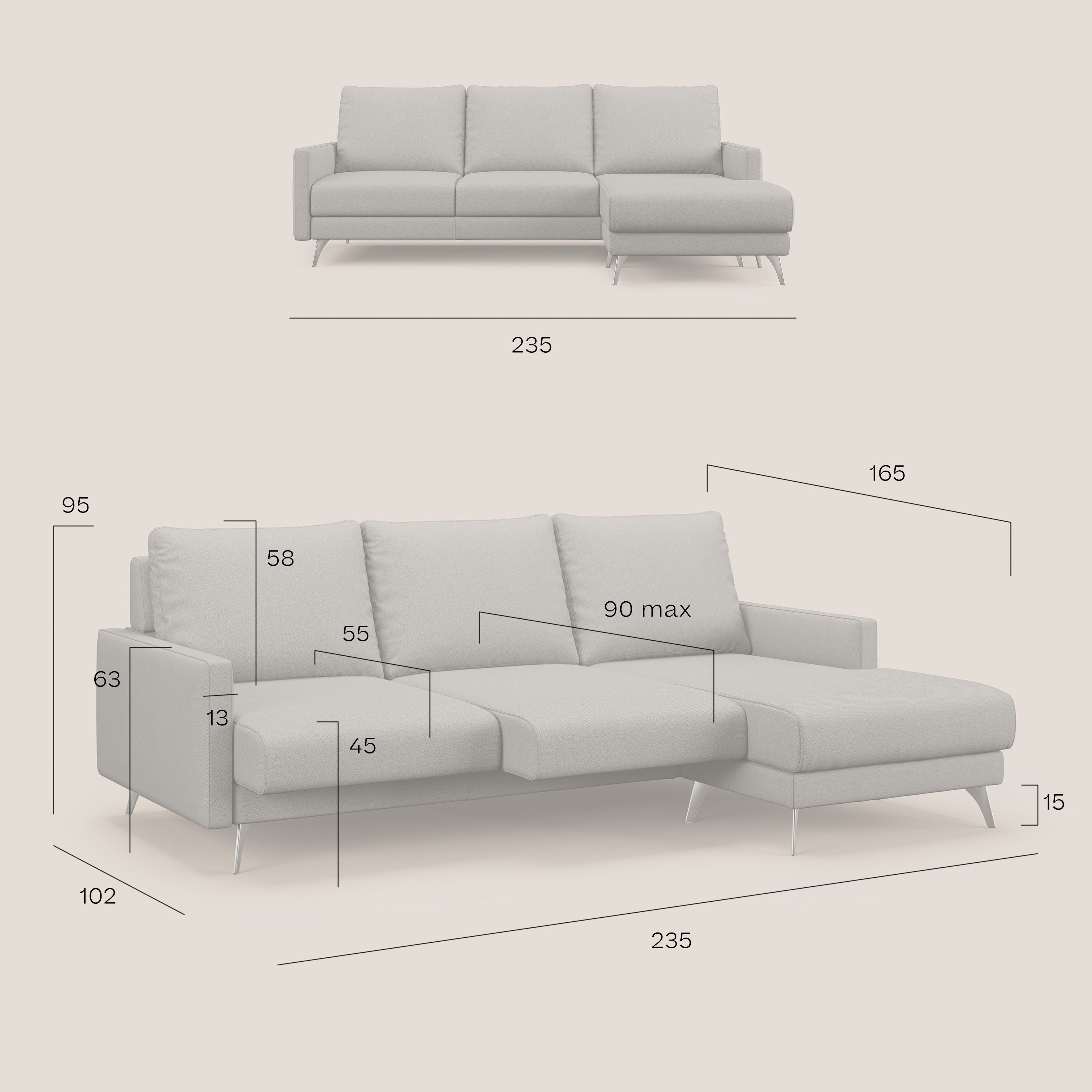 Klimt Divano angolare con sedute scorrevoli in tessuto morbido smacchiabile T05 grigio - divani.store