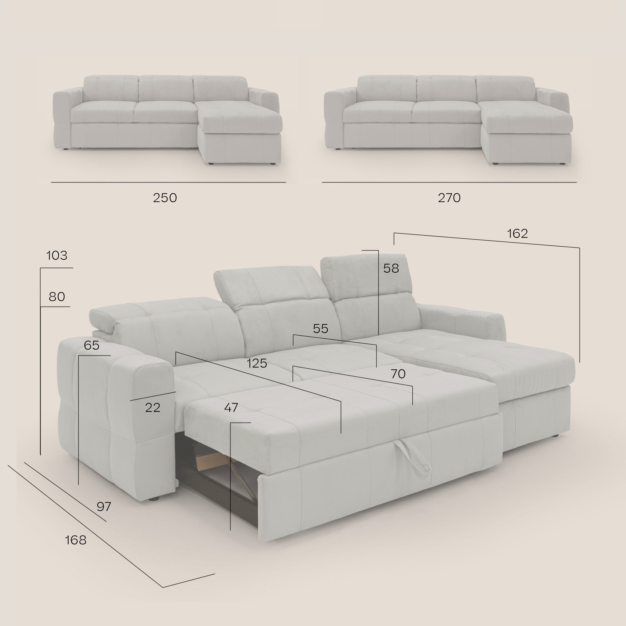 Kronos Ecksofa mit ausziehbarer Ottomane und Staufach aus wasserfester Mikrofaser T11