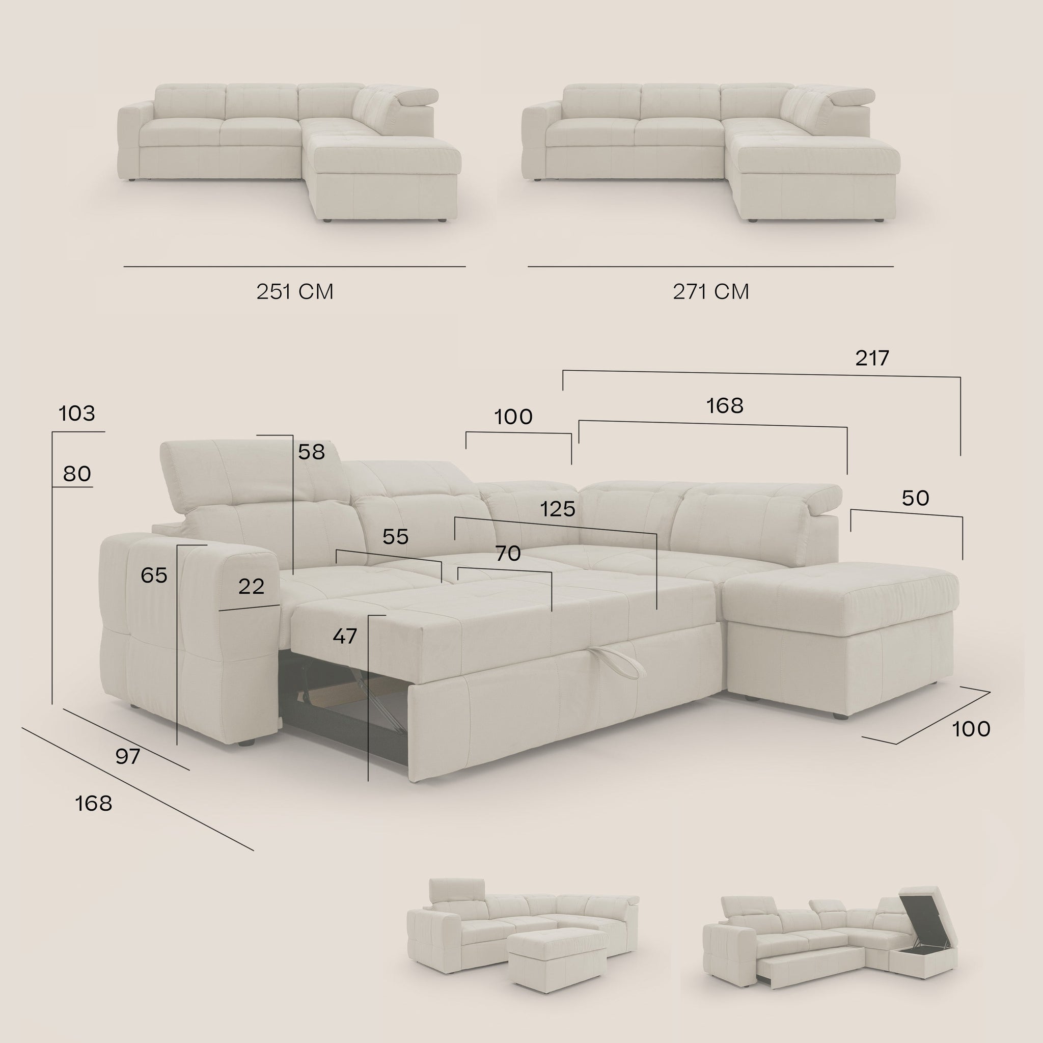 Kronos Ecksofa mit ausziehbarer Ottomane und mobilem Hocker mit Staufach aus wasserfester Mikrofaser T11