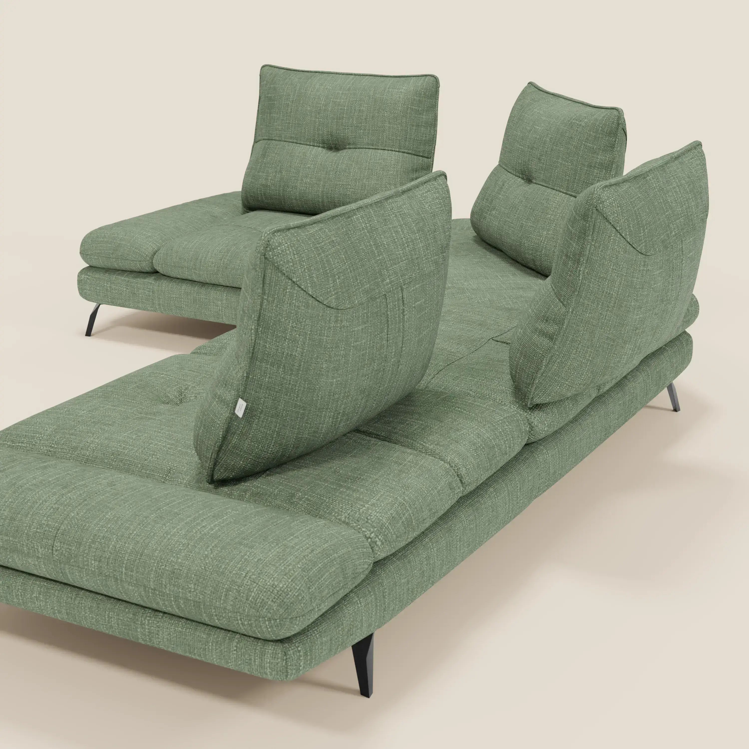 Ardex Divano Angolare di Divani.Store, con schienale scorrevole, bracciolo regolabile ed elegante tessuto impermeabile T06 verde, è dotato di due cuscini per aggiungere versatilità e stile al vostro spazio abitativo.