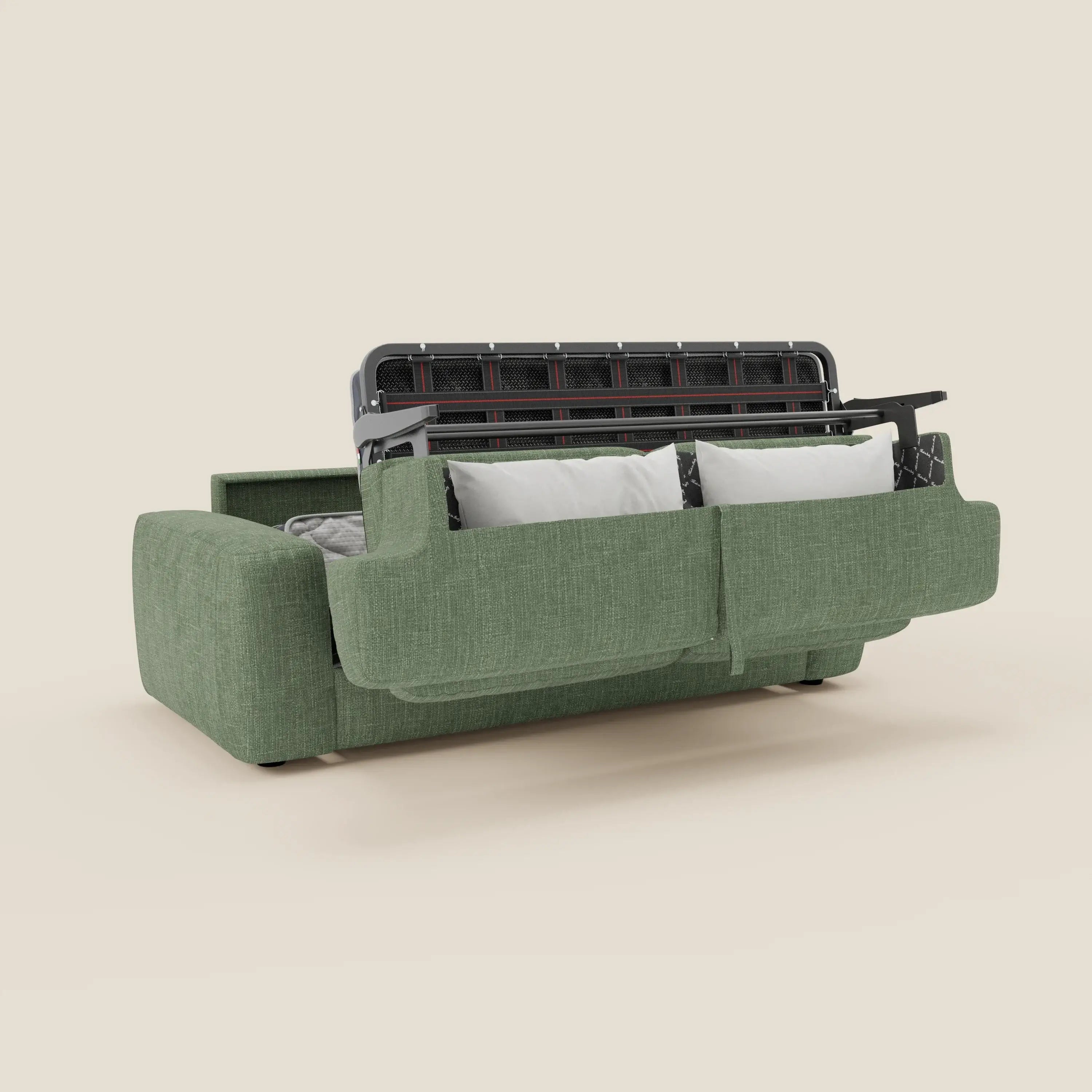 Il letto materasso Cloud Divano H17 cm di Divani.Store, in tessuto impermeabile verde T06, è caratterizzato da morbidi cuscini, design squadrato con bordi arrotondati, contenitore nascosto per cuscini bianchi sotto la seduta, il tutto su uno sfondo beige chiaro.