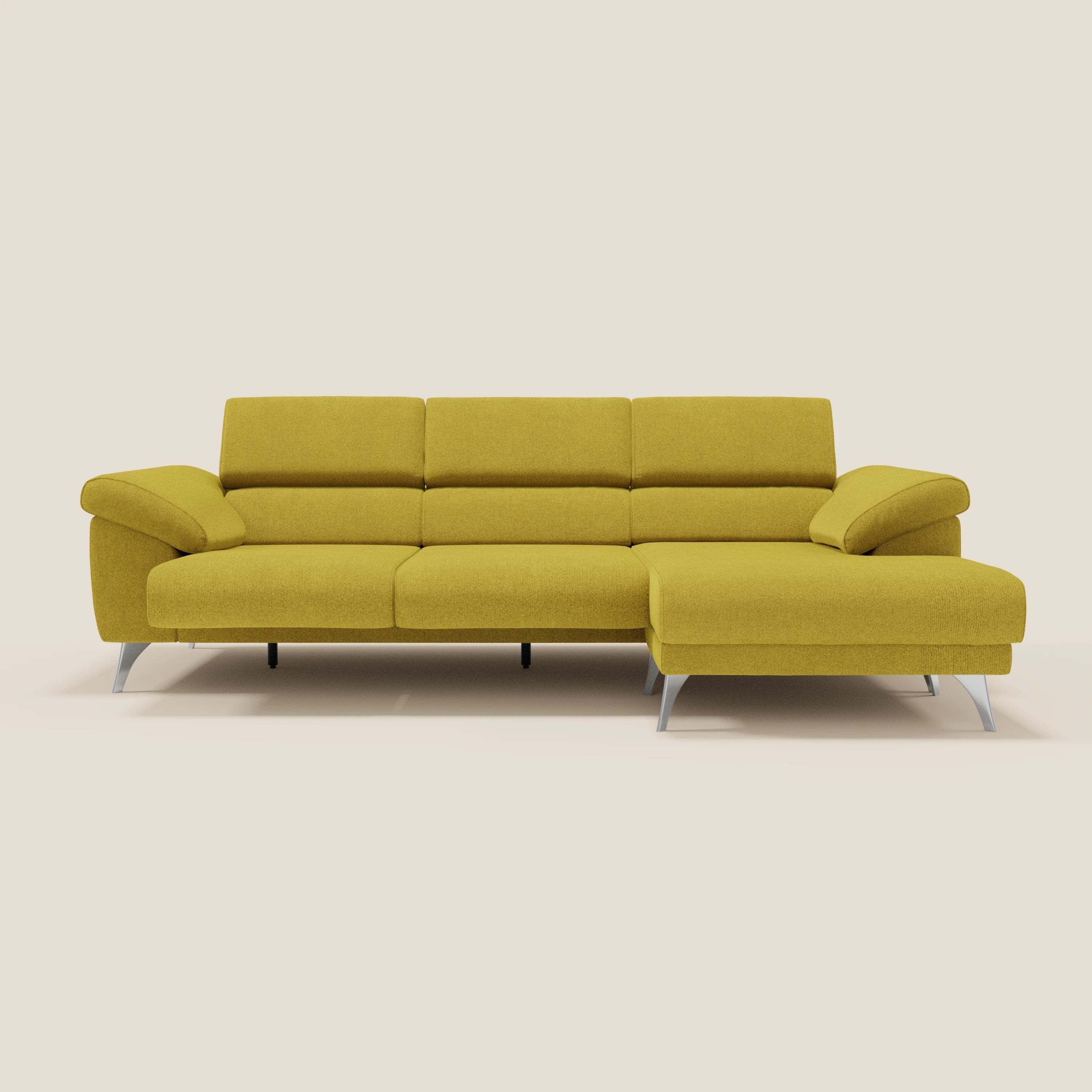 Donatello Ecksofa mit verschiebbaren Sitzen, Armlehnen mit Stauraum und Kopfstütze aus weichem, abwaschbarem Stoff T23 sonnengelb