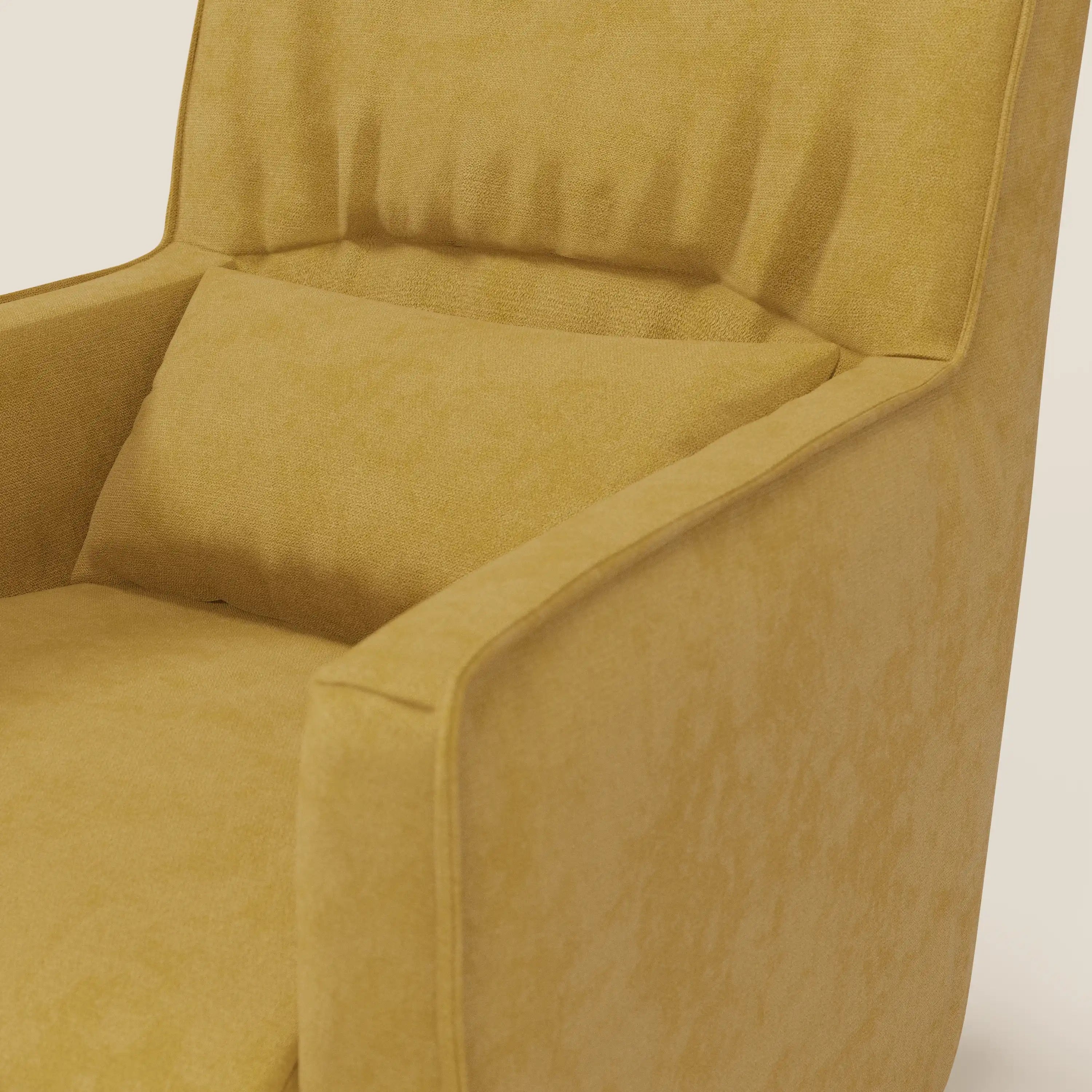 Primo piano di Tulla Poltrona girevole in tessuto impermeabile T02 giallo di Divani.Store, con cuscino coordinato, tessuto morbido e strutturato, braccioli angolari moderni e schienale di sostegno per un comfort e uno stile compatti.