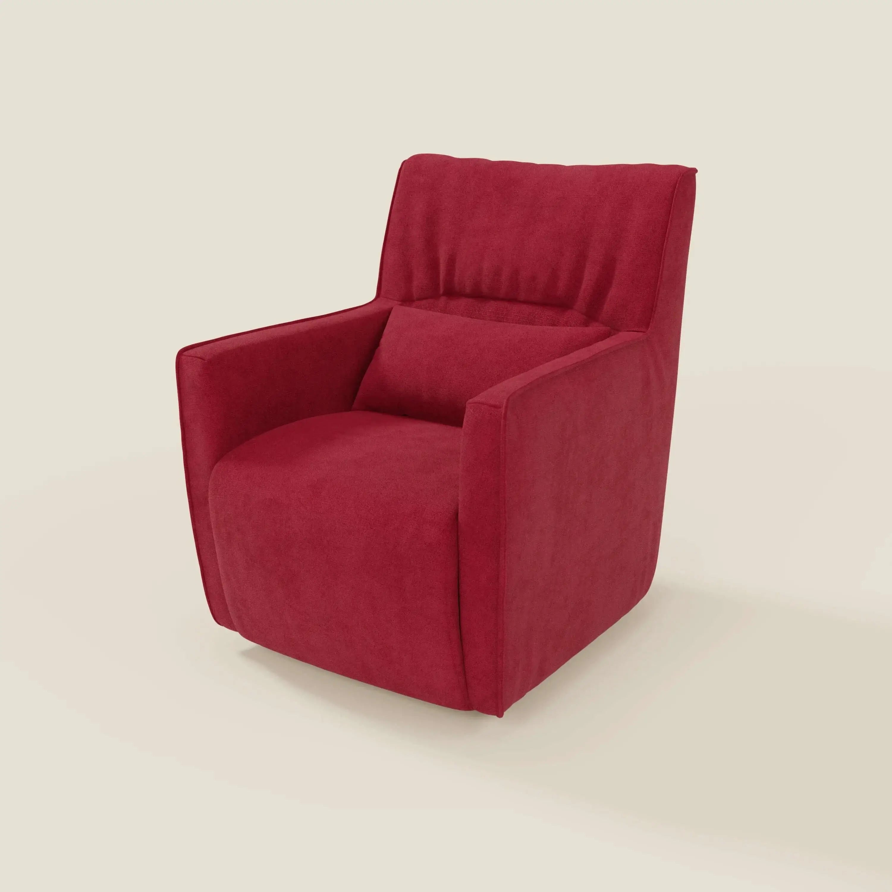 La poltrona girevole in tessuto impermeabile T02 rosso di Divani.Store Tulla presenta un design moderno e imbottito, braccioli dritti e schienale leggermente reclinato, il tutto su uno sfondo beige chiaro.
