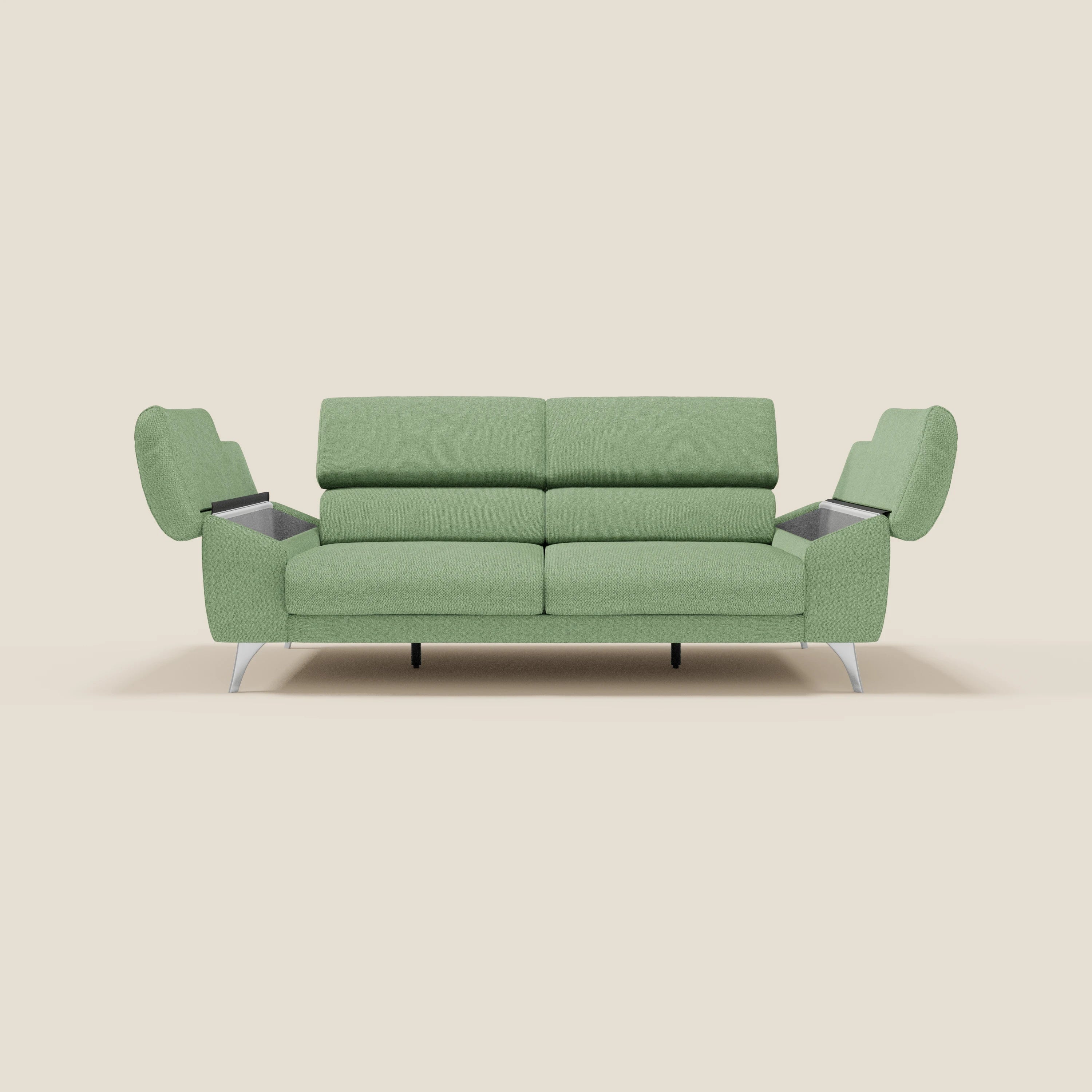 Donatello Sofa mit ausziehbaren Sitzen, Armlehnen mit Staufach und verstellbaren Kopfstützen aus abwaschbarem Stoff T23 Mintgrün