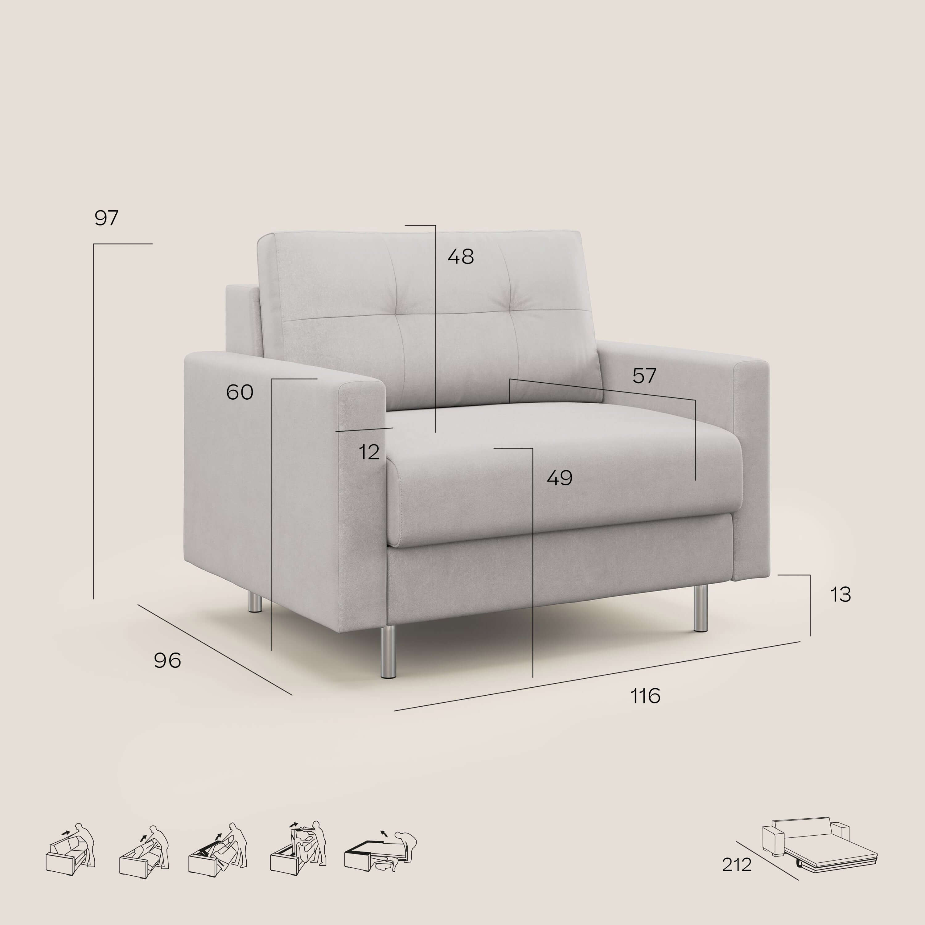 Megan poltrona letto in microfibra smacchiabile T11 grigio - divani.store