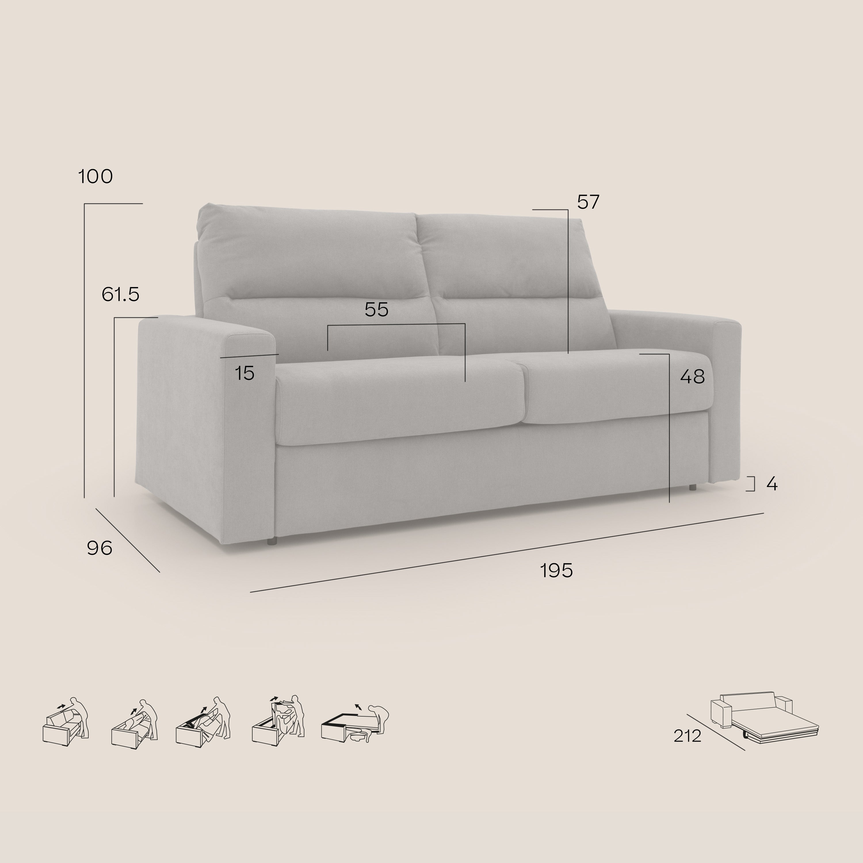 Paloma divano letto con materasso alto 18 cm con Aloe Vera in tessuto impermeabile grigio chiaro - divani.store