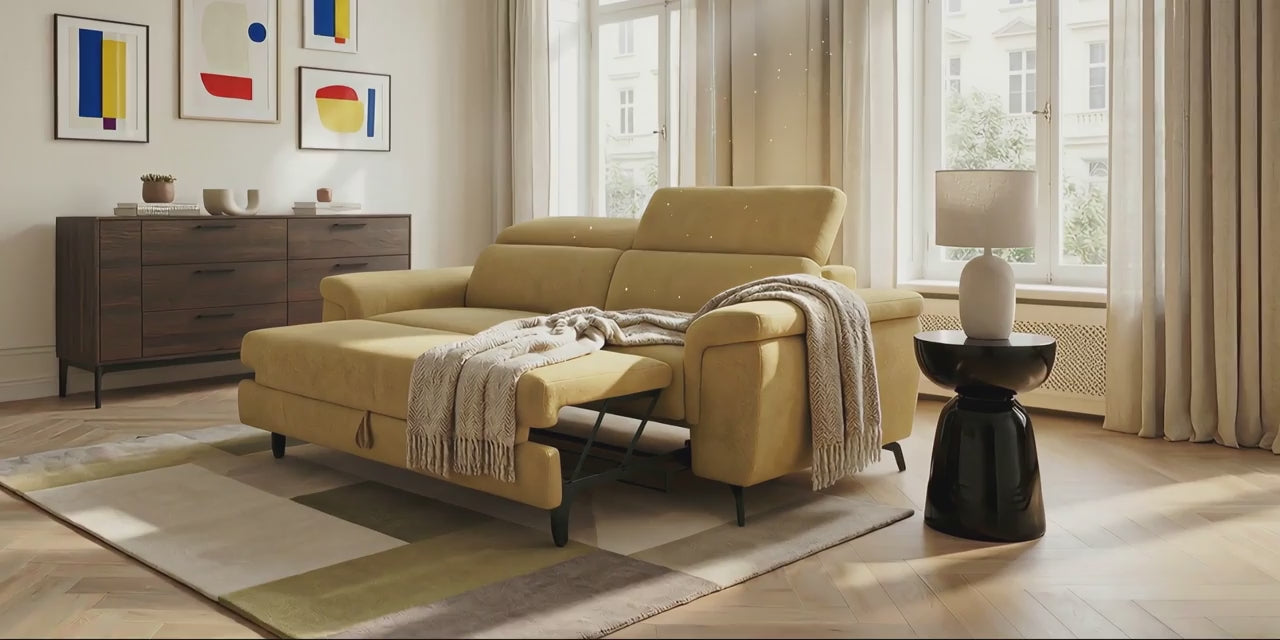 Estro Divano 3 posti con pouf estraibile - poggiatesta reclinabili in tessuto impermeabile T14 giallo - divani.store