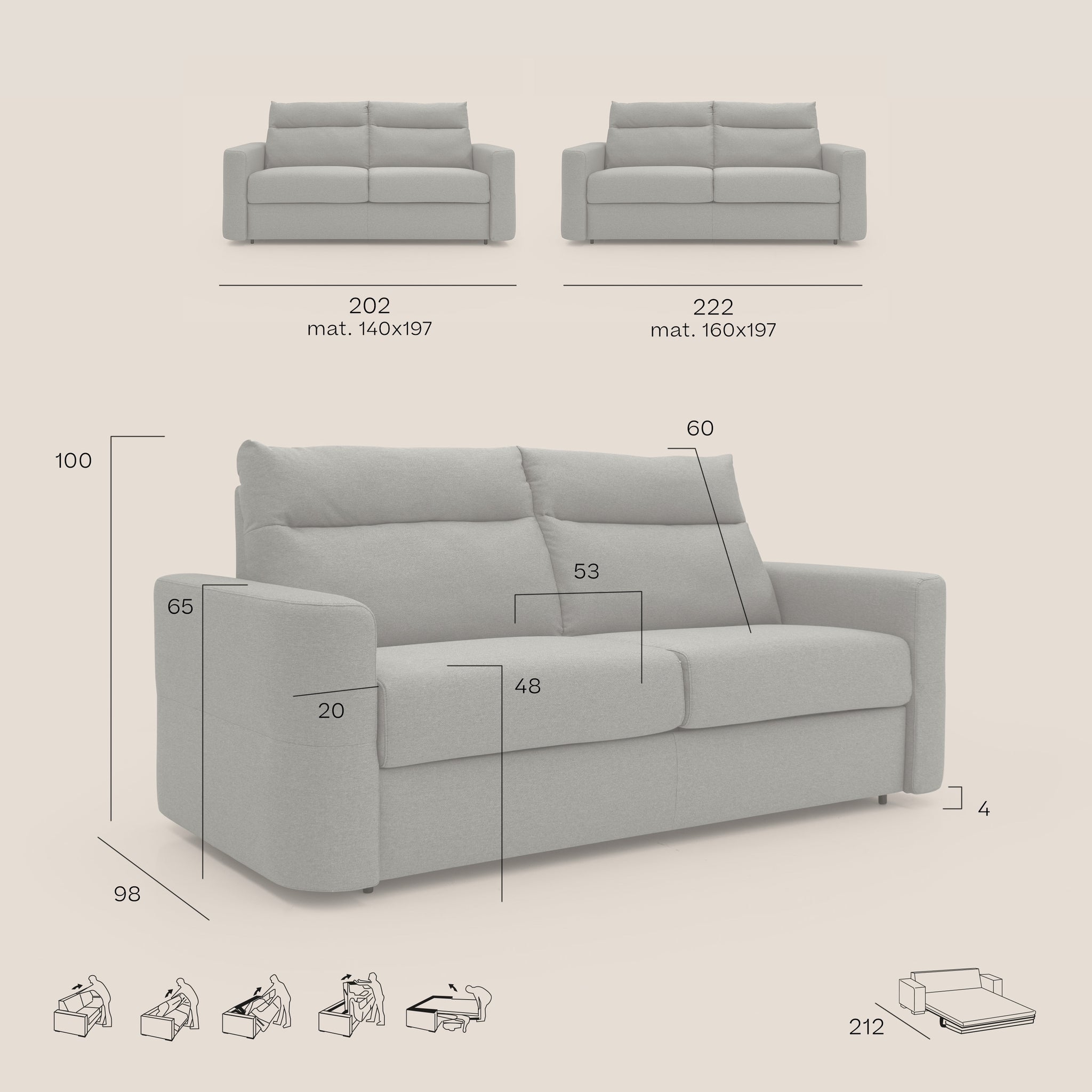 Cupido Schlafsofa 202 cm (mat. 140x197 cm) Matratze H18 aus wasserfestem, baumwollähnlichem Stoff T13 CREME