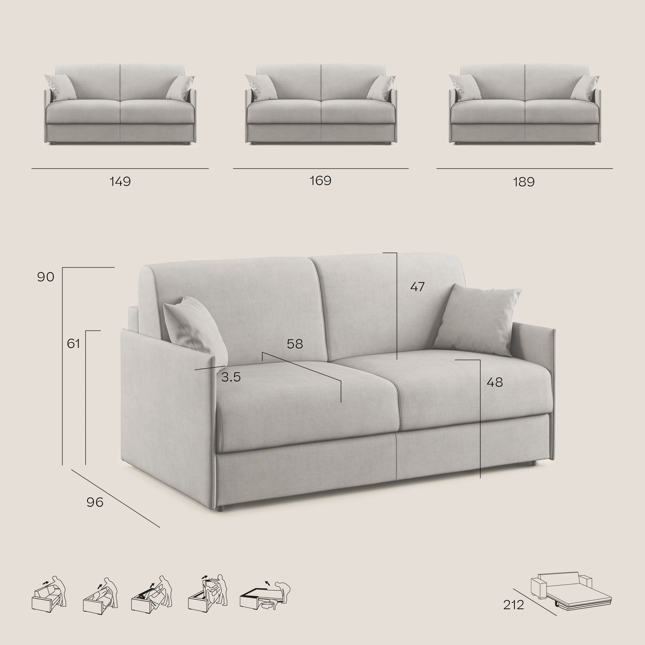 Evans Schlafsofa 189 cm (mat. 160x197 cm) aus wasserfestem Stoff T13 ANTHRAZIT