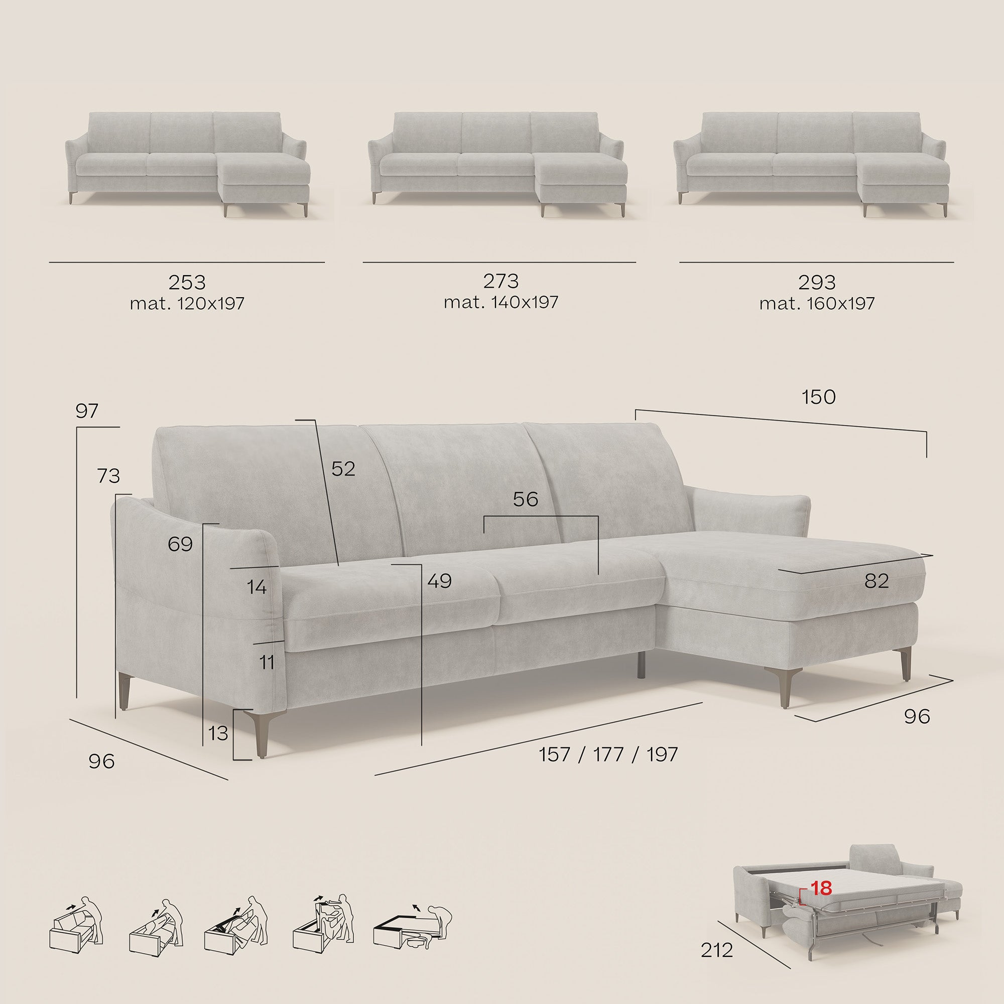 Dalia divano letto angolare con materasso alto 18 cm piedini alti e penisola contenitore in tessuto smacchiabile T17 - divani.store