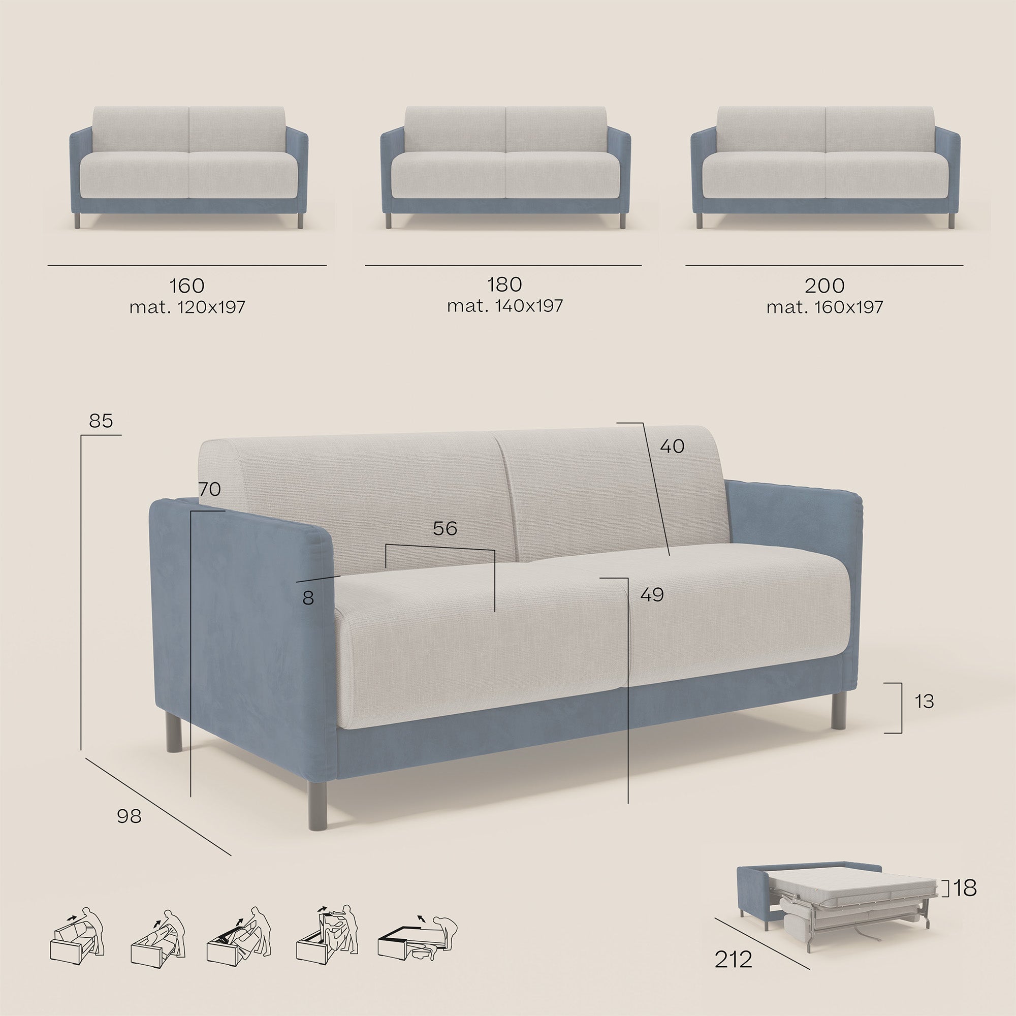 Narciso divano letto desing con materasso H18 cm bicolore con struttura in microfibra smacchiabile e imbottiture in elegante tessuto impermeabile T06 - divani.store
