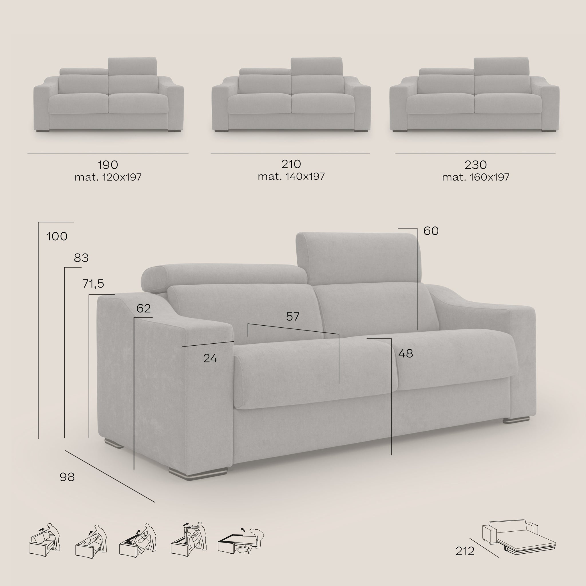 Bomber Schlafsofa 210 cm (mat. 140x197 cm) aus weichem, wasserfestem Stoff T14 BLAU