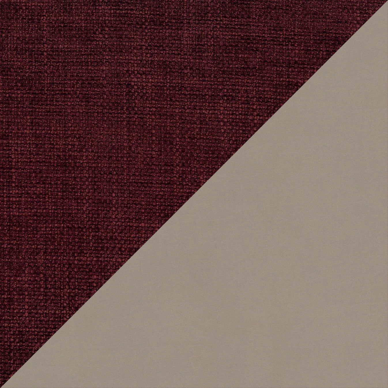 Un'immagine divisa in diagonale: in alto a sinistra il tessuto impermeabile rosso scuro (T11) di Petra letto di design, mentre in basso a destra il tessuto liscio beige chiaro (T06 tortora). Entrambi i colori e le texture contrastano, a cura di Letti.store.