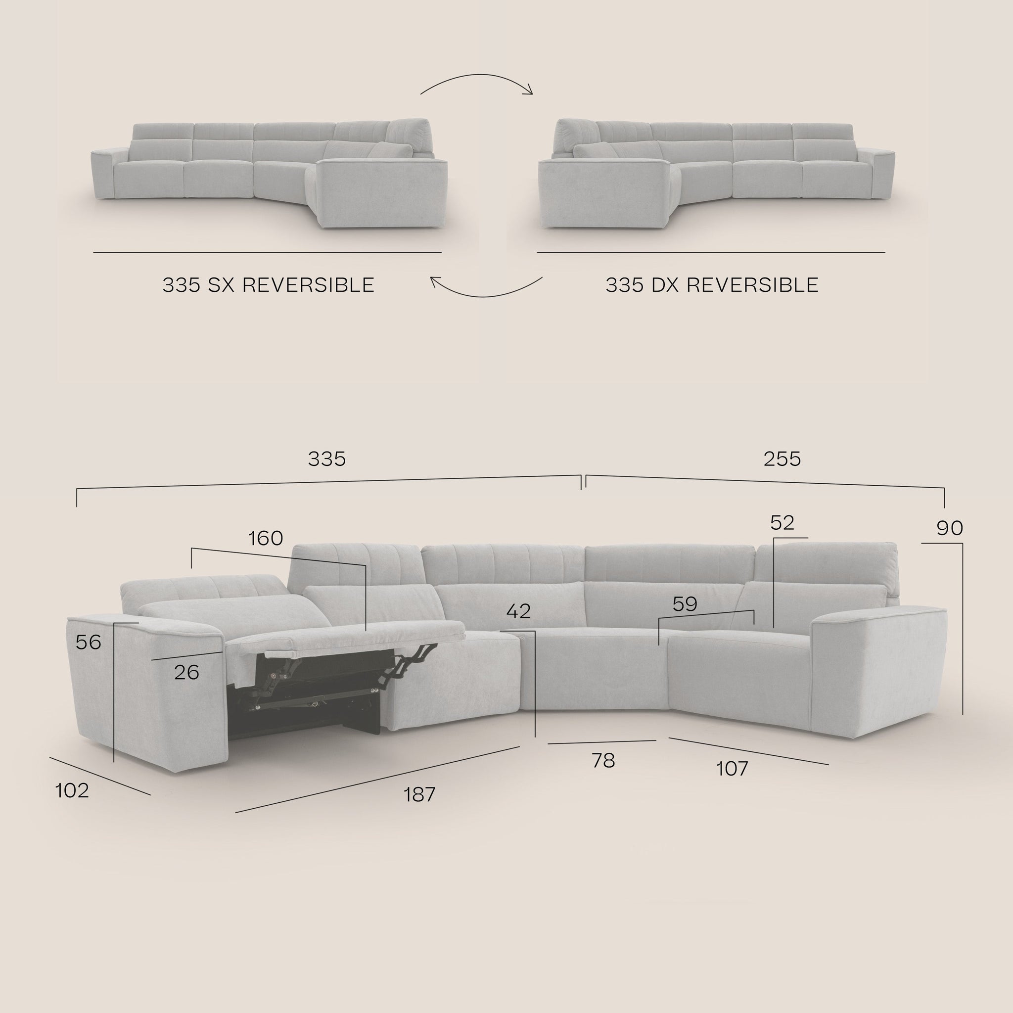 Clark modulares wendbares Ecksofa mit elektrischer Relaxoption aus wasserfestem, abwaschbarem Stoff T17