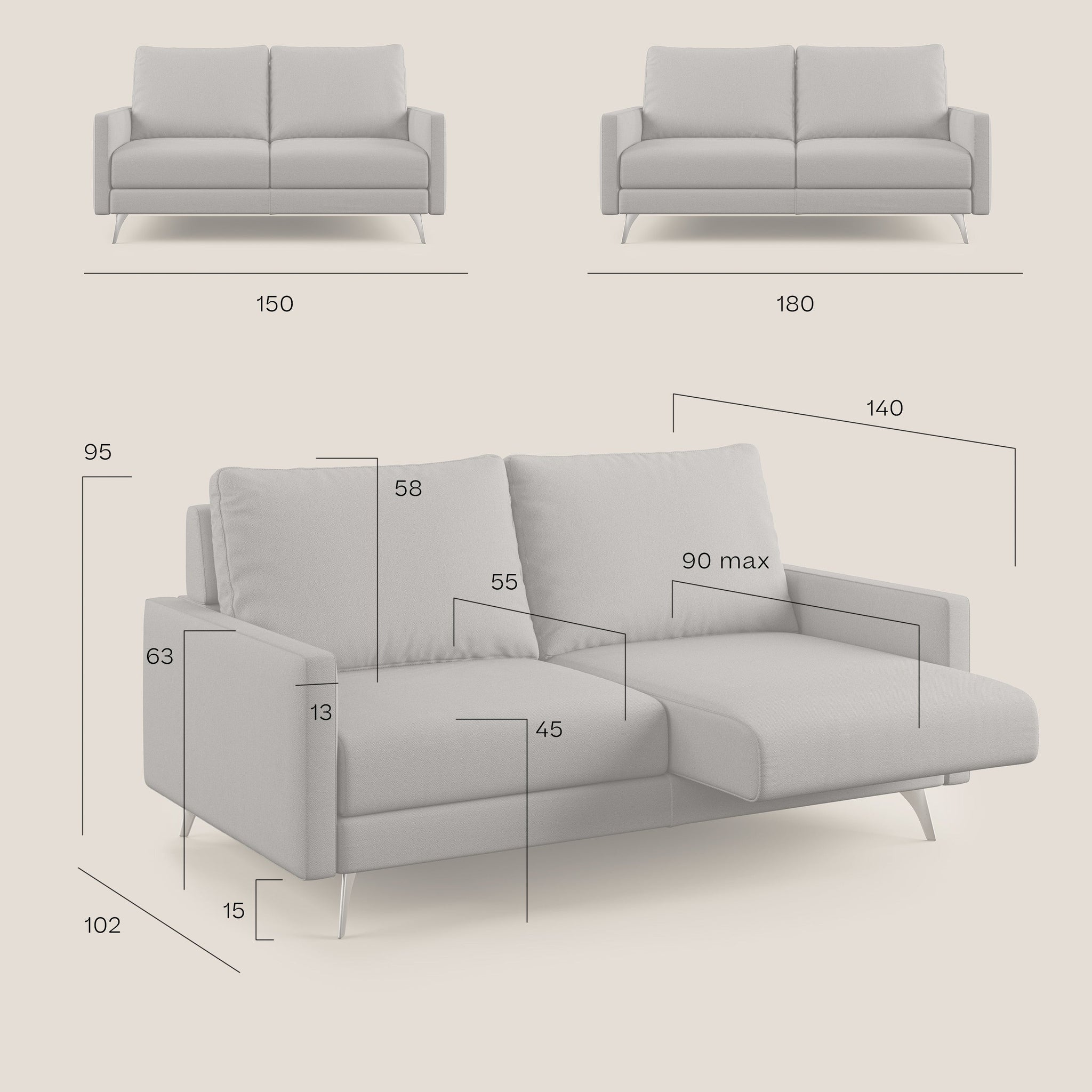 Klimt Sofa mit ausziehbaren Sitzen und Rückenlehnen aus Gänsedaunen in abwaschbarem Stoff T05
