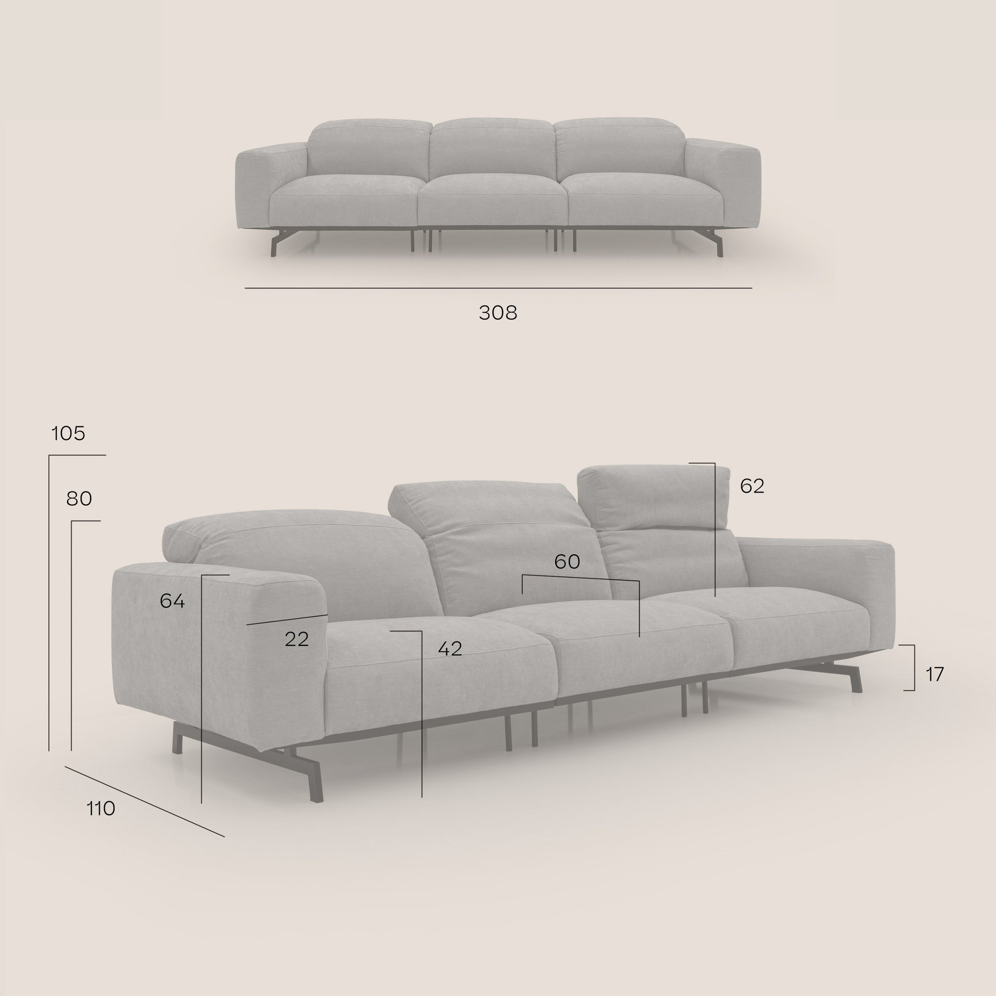 Sakura 3-Sitzer-Modulsofa aus weichem, wasserfestem T14 geflammtem Stoff