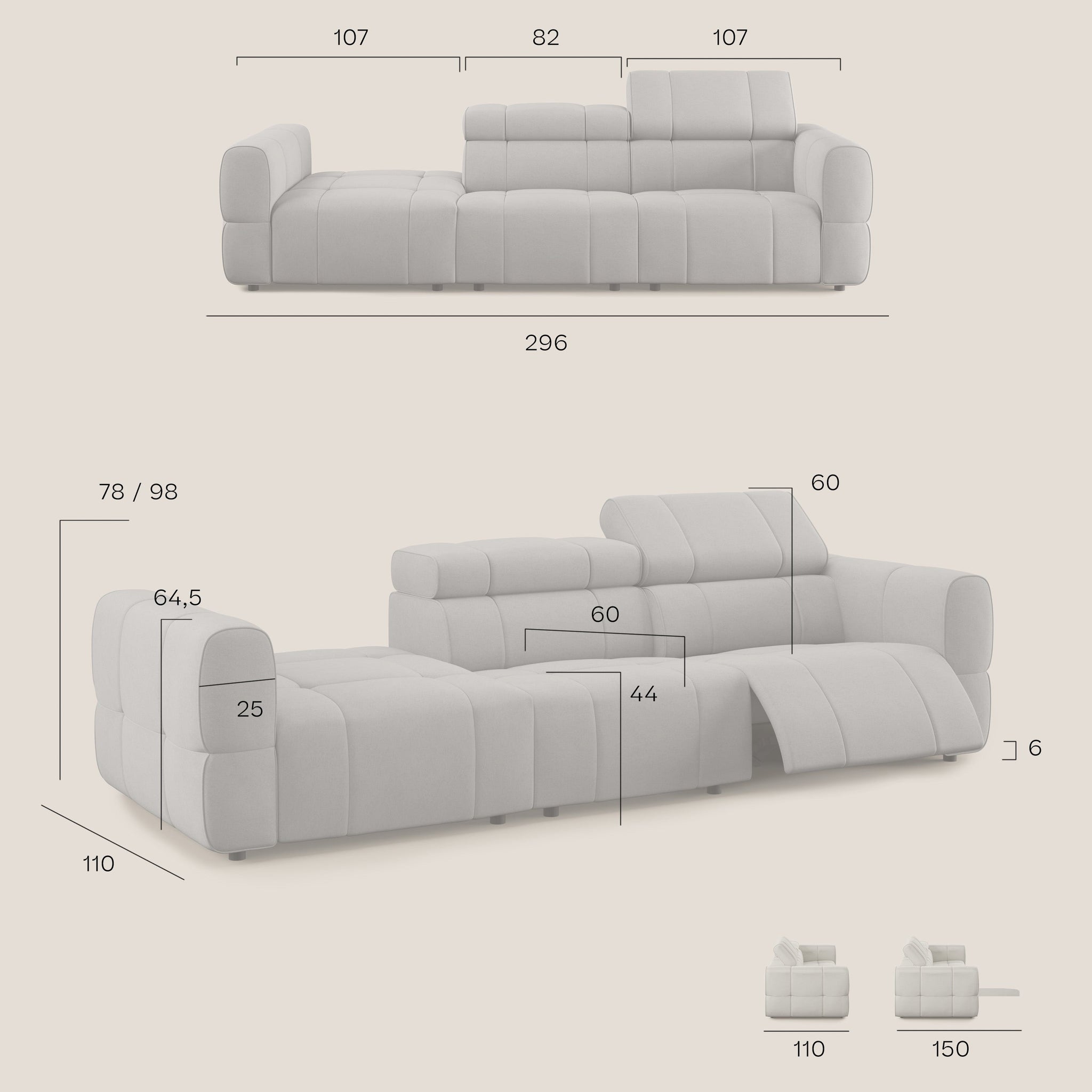 Giotto Modulares Sofa mit elektrischer Relaxoption aus wasserfestem Samt T09