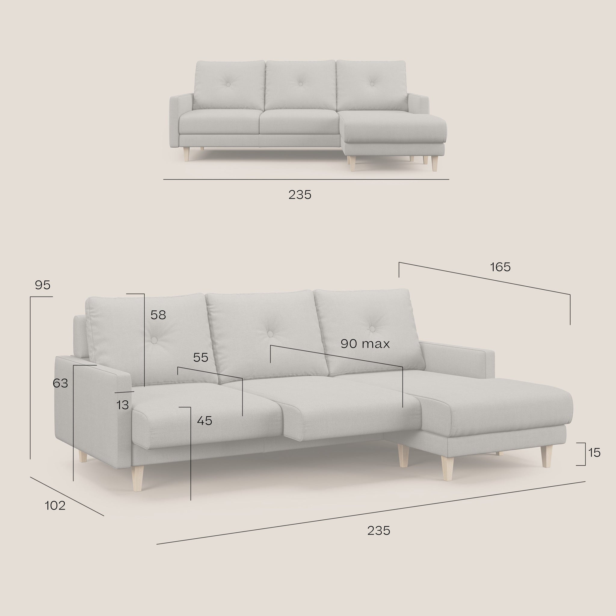 Matisse Ecksofa mit verschiebbaren Sitzen aus weichem, abwaschbarem Stoff T17